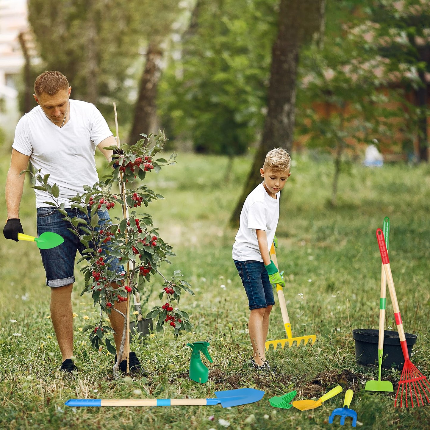 Magic4U Kids Gardening Tools Set, 22 Pcs Metal Garden Tools Toys with Apron, Gloves, Wood Handle Shovel, Rake, Hoe and Leaf Rake, Outdoor Digging Toys Gifts for Kids Age 3+