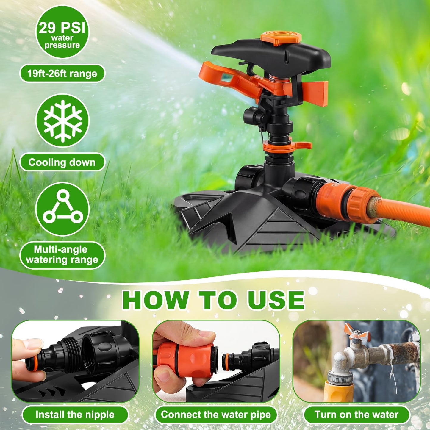 Jingmore 2 Pack Pulsating Lawn Sprinkler for Large Yard, 800 Sq. ft Coverage Adjustable 360° Rotating Garden Water Sprinkler System with Sturdy Base for Grass Nursery, No Leak Daisy Chaining Design