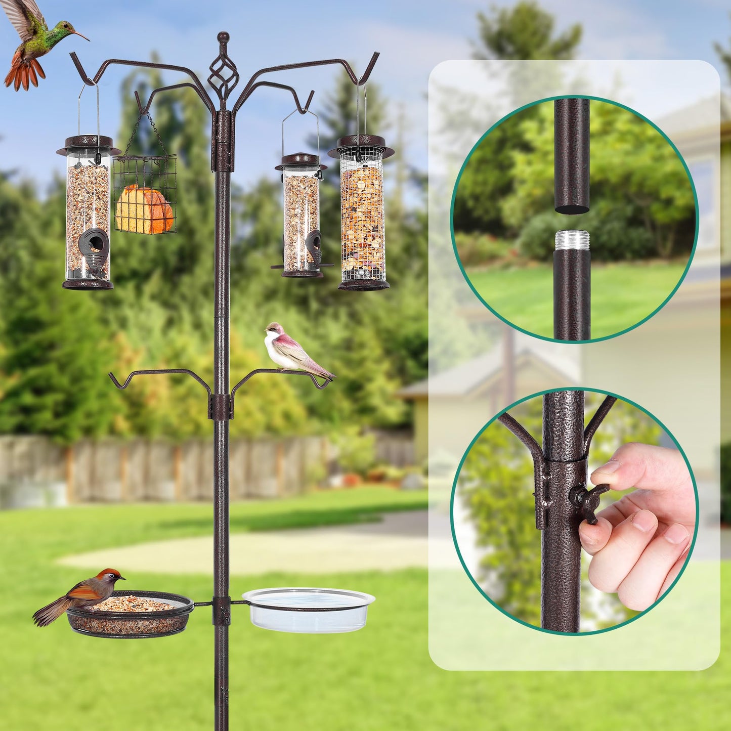 YINGYM Bird Feeding Station Kit, 94 Inch Bird Feeder Pole Stand for Outdoors Hanging with 4 Feeders, Metal Suet and Bath Tray for Wild Birds Watching