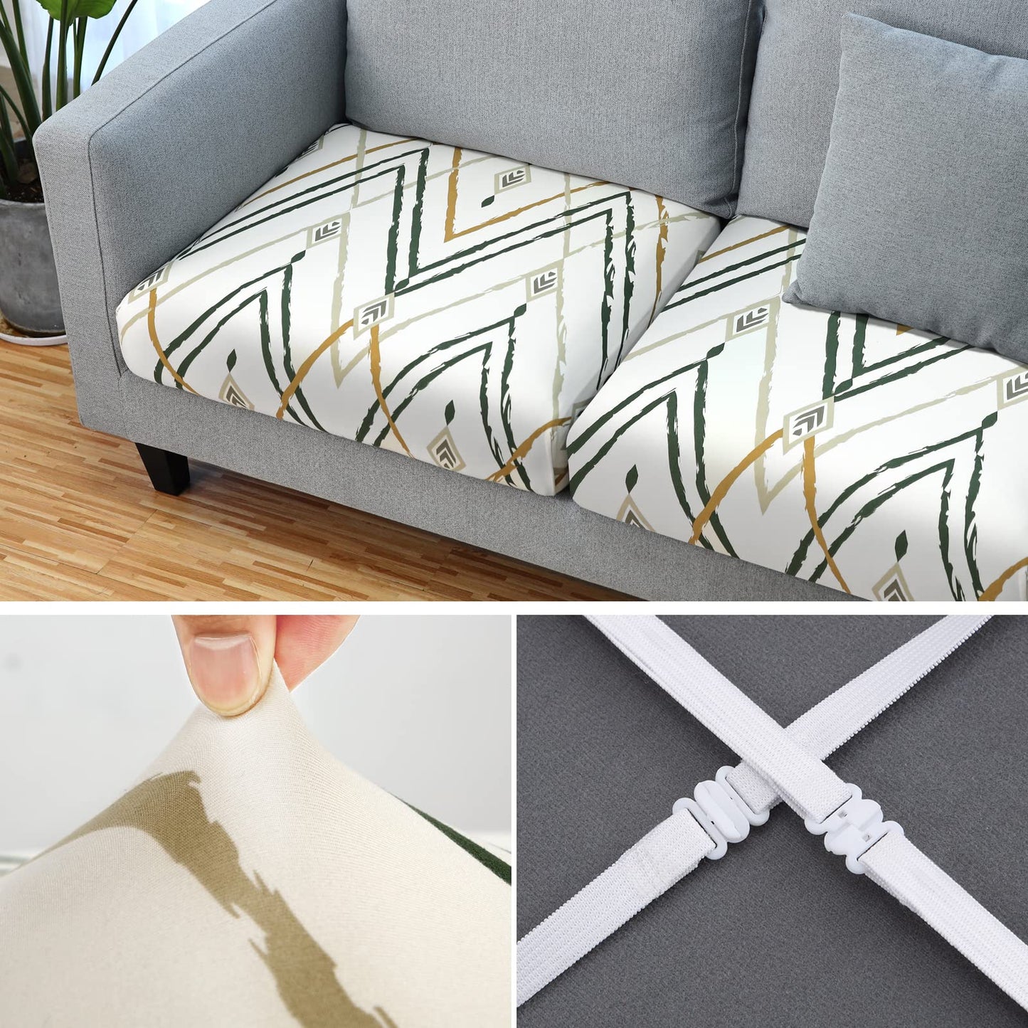 Fuloon Sofa Cushion Covers, Stretch Printed Seat Cushion Cover Couch Seat Slipcovers Washable Furniture Protector for Armchair Loveseat Sofa (Green, 3 PCS)