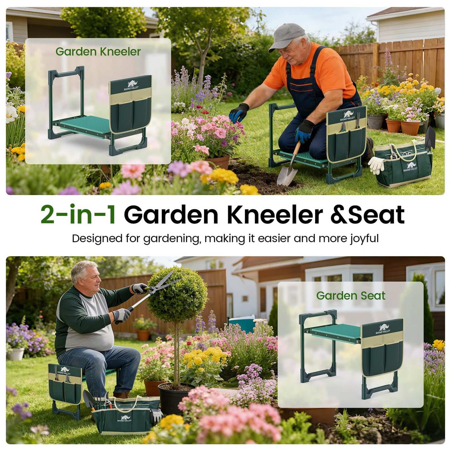 Garden Kneeler and Seat, Heavy Duty 2 in 1 Gardening Stool with Tool Side & Tote Bags, Foldable Gardening Bench to Relieve Knee & Back Pain, Garden Chair Gifts for Women, Seniors