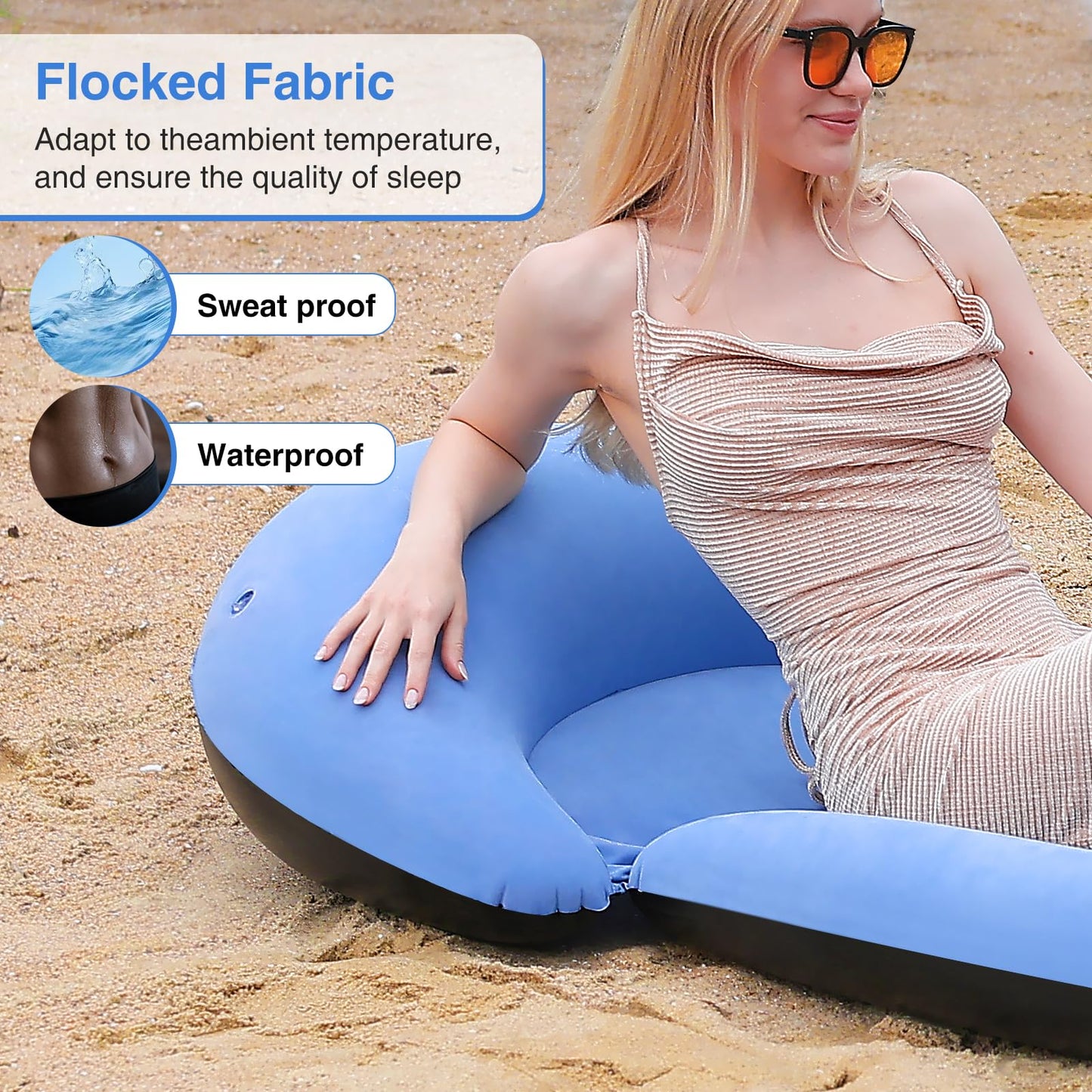 ROUSKY Inflatable Beach Mat, 70 x 29 Inch, Flocked Surface, Pillow Surround (Blue)