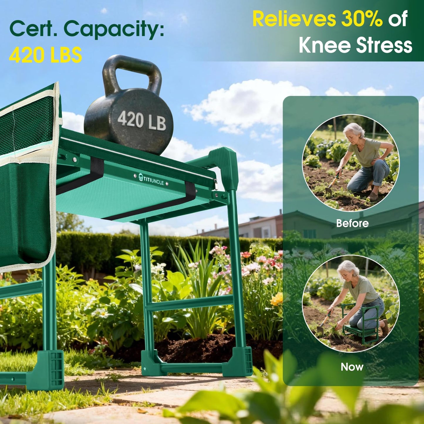 TITIUNCLE Garden Kneeler and Seat for Seniors: Heavy Duty 420 LBS Support Anti-Tip Multifunctional Gardening Stool Bench with Widened Thick Soft Kneeling Pad &Tool Bag - Foldable for Gardeners