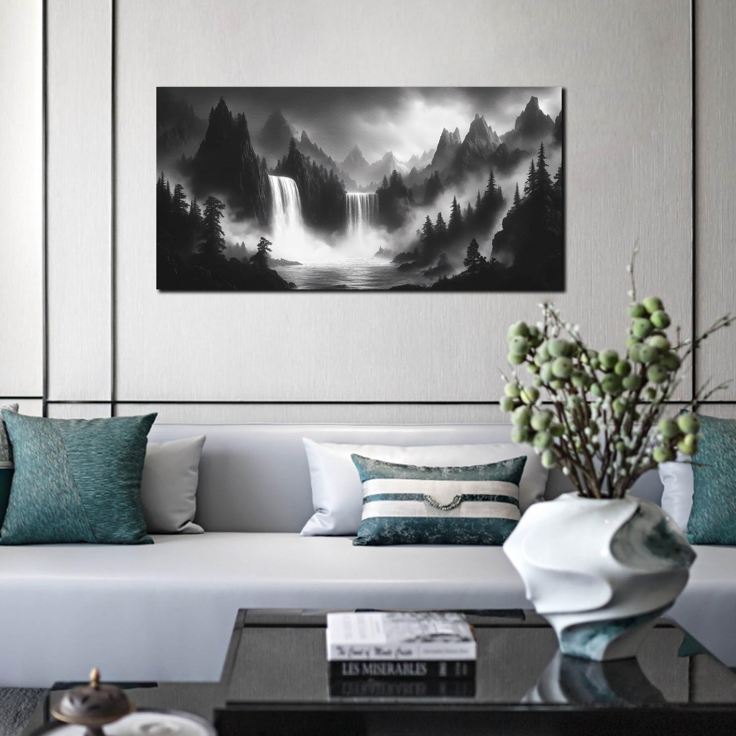 HUBOSKN Mountain Wall Pictures for Living Room Decor - Black and White Wall Art Bedroom - Waterfall Canvas Wall Art for Office Size 20" x 40"