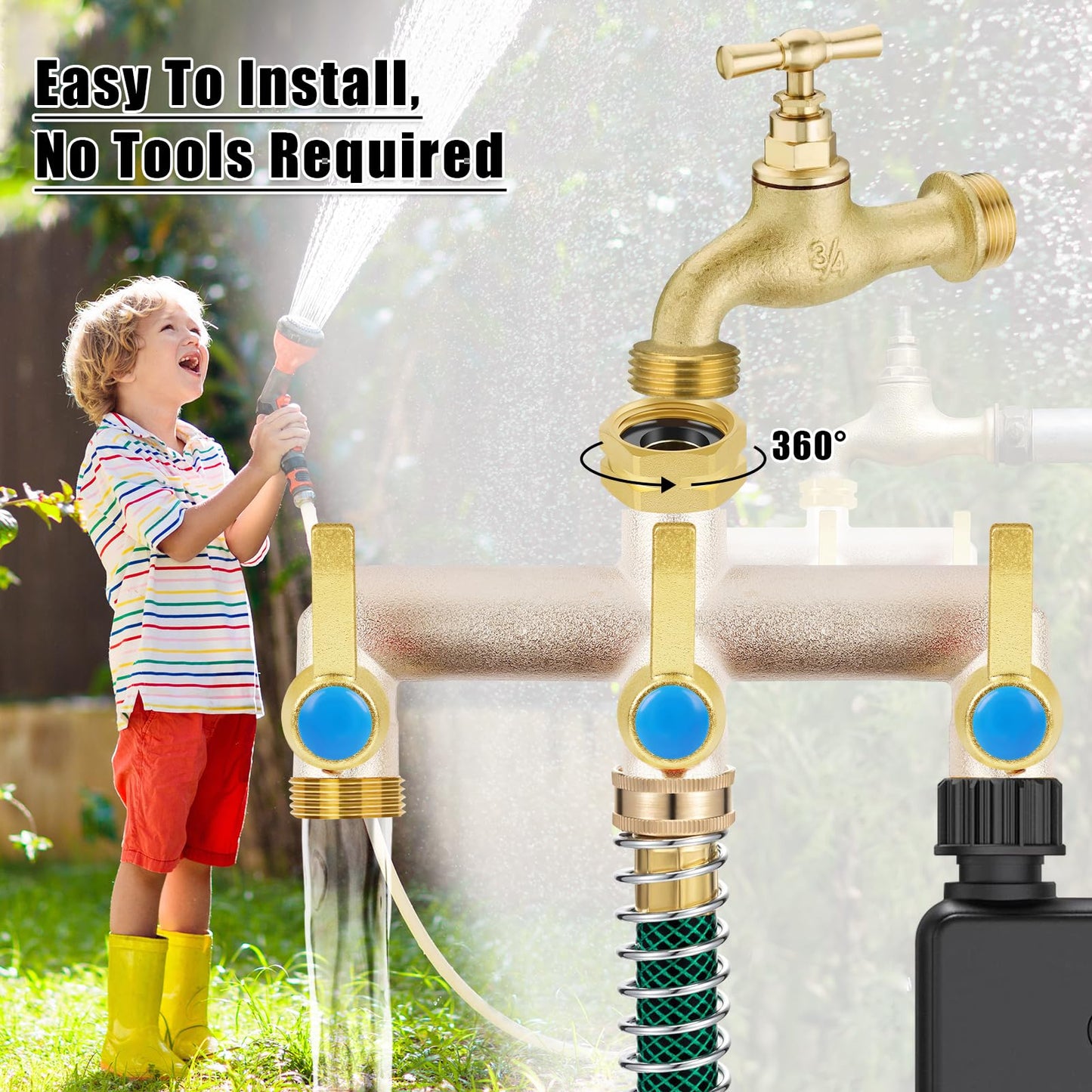 Upgraded Brass Garden Hose Splitter, 3/4" Hose Splitter 3 Way Heavy Duty with Extension Handles, Outdoor Faucet Splitter Water Spigot Splitter with Individual On/Off Valve