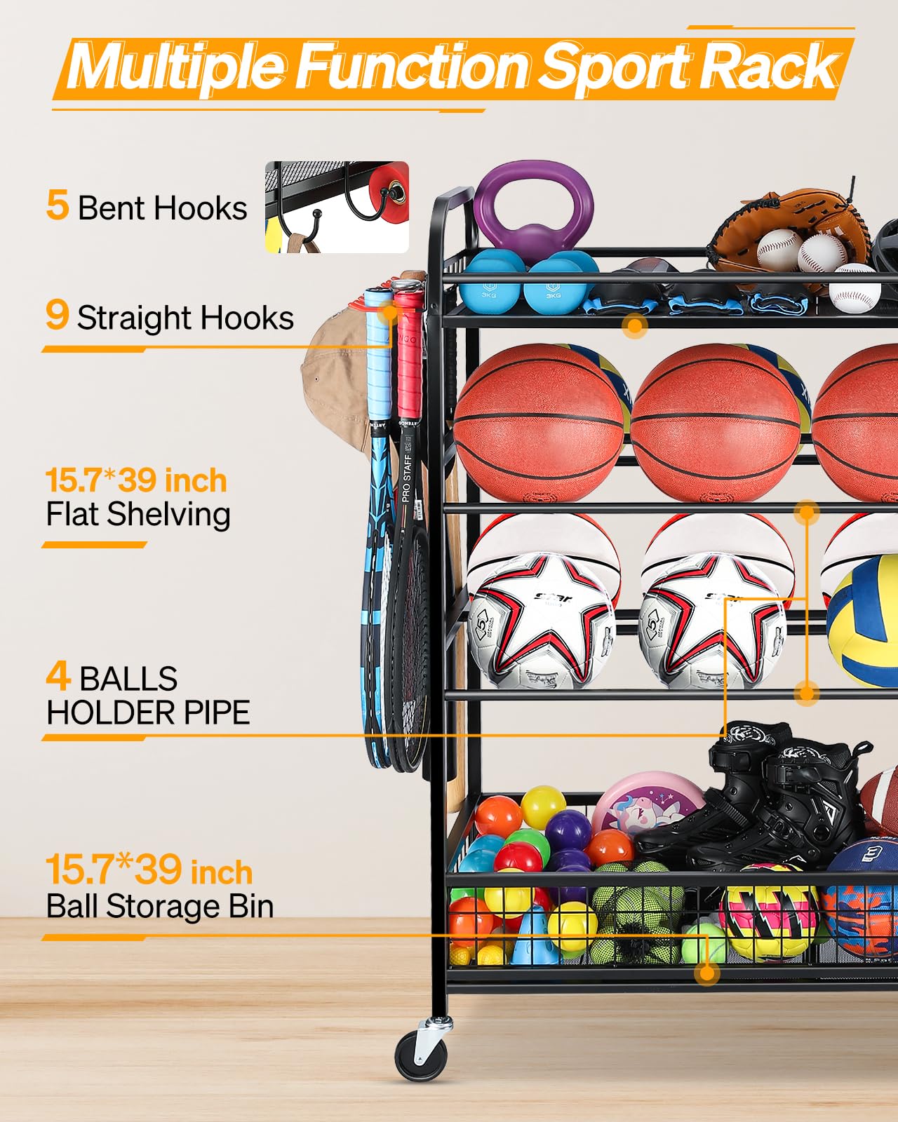 EXTCCT Garage Sports Equipment Organizer - Rolling Ball Storage Bin with Wheels, Garage Sports Gear Rack Outdoor Basketball Racks for Balls with Baseball Bat Holder and Hooks, Toy Organizer