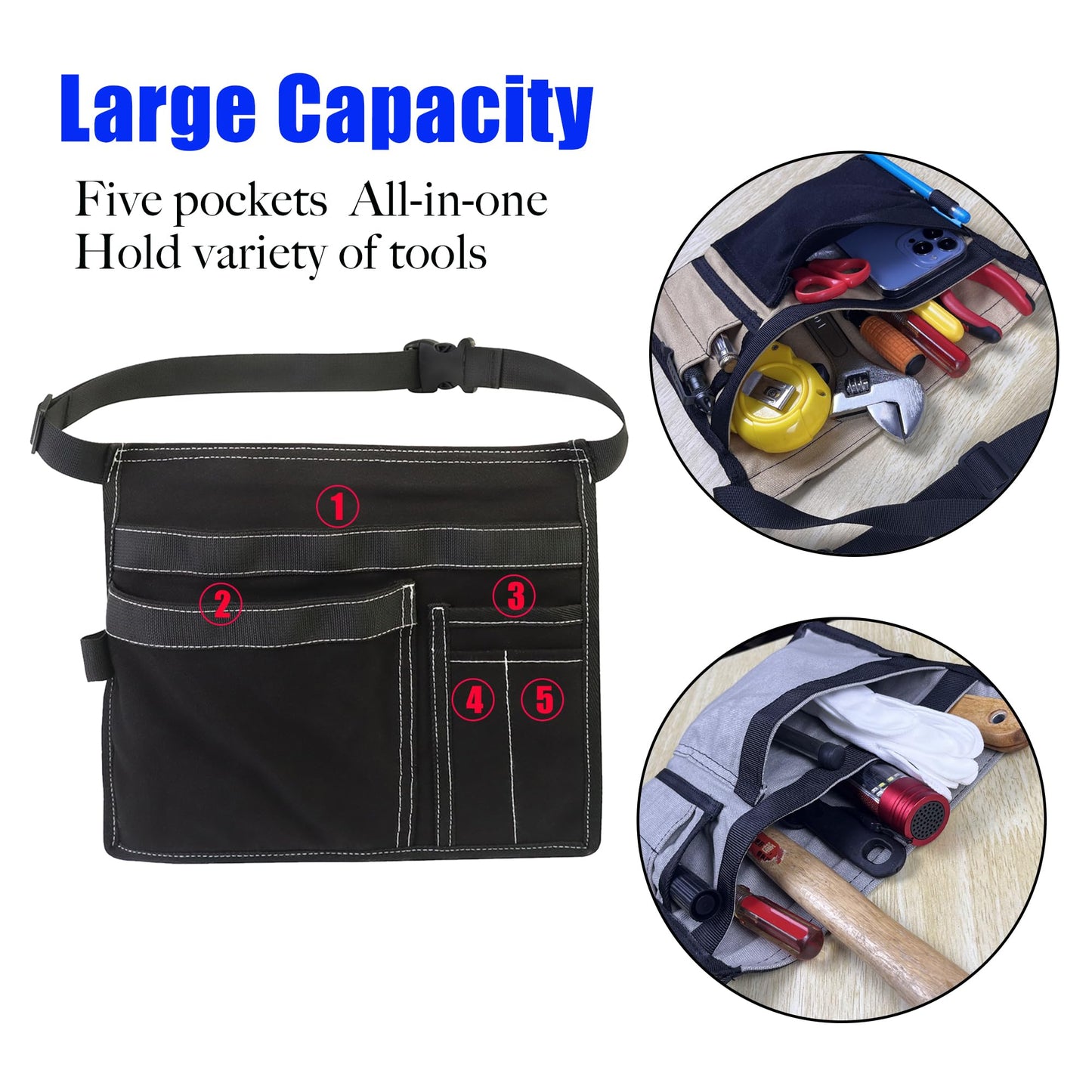 5-Pocket Utility Tool Belt Pouch for Men and Women, Adjustable Canvas Waist Belt Bag for Electrician Maintenance Gardening Carpentry, Durable Multi Work Apron for Tools & Accessories (Gray)