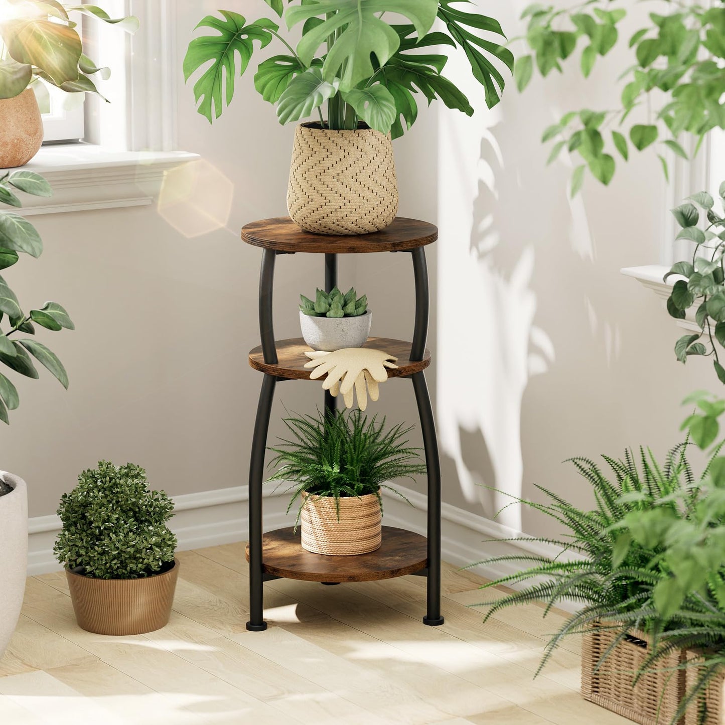Yuede Small Round Side Table, 3-Tier End Table with Storage Shelf, Slim Coffee Table for Small Spaces, Industrial Sofa Table for Narrow Gaps in Living Room & Bedroom, Rustic Brown