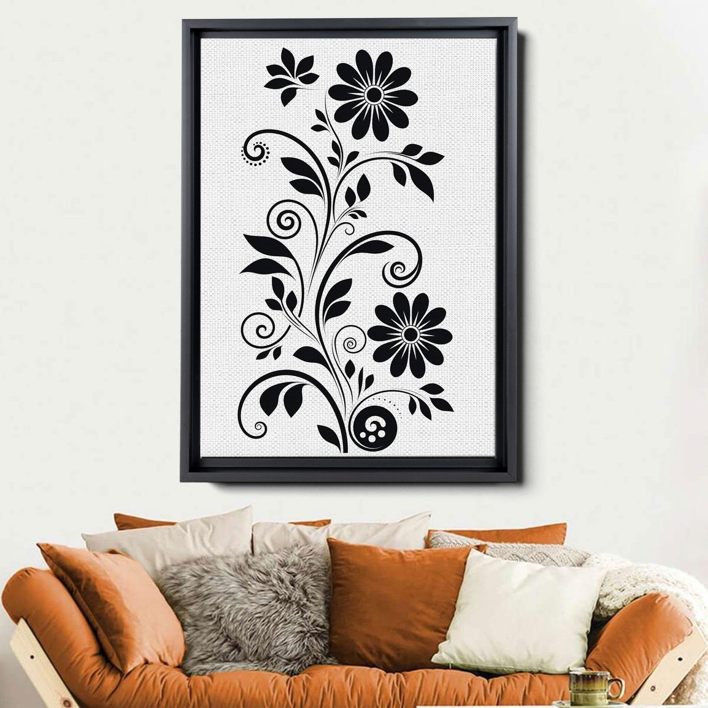 Scandinavian Folk Art, Black and Beige Abstract Botanical Wall Art for Scandinavian Home Decor