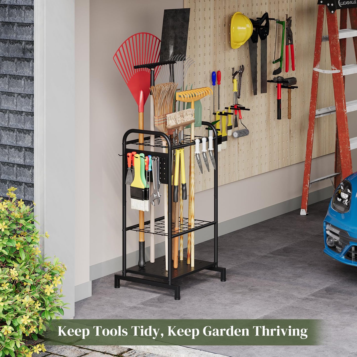 PULIJIAJU Garden Tools Organizer Rack, Yard Tool Rack, Heavy Duty Steel Yard Tool Organizer and Storage Holder Broom Holder for Shed, Patio, Outdoor (Rack with Hooks)