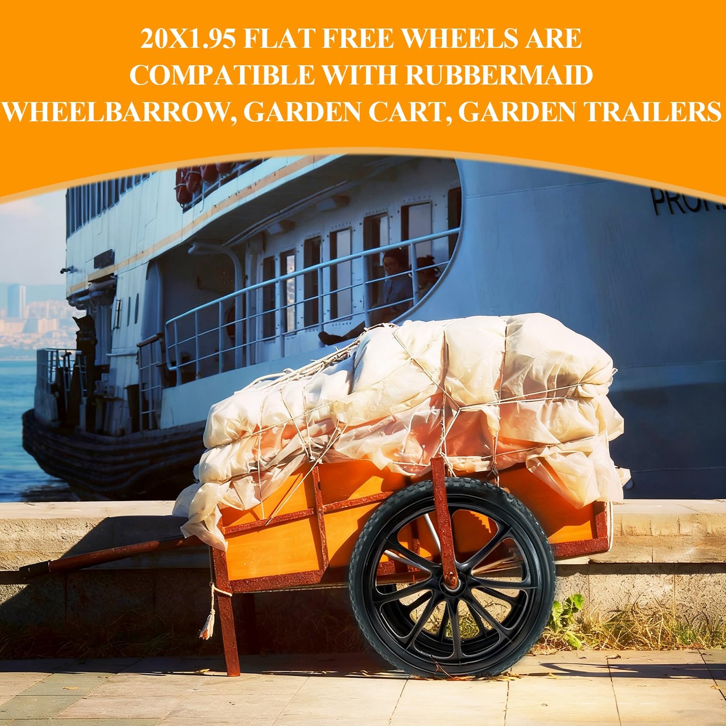 20” Flat Free Wheelbarrow Wheels and Tires, with 2.45” Centered Hub, 5/8” Extra 3/4”Bearing, Compatible with Rubbermaid Wheelbarrow wheels, Garden Carts (2 pcs) (black)