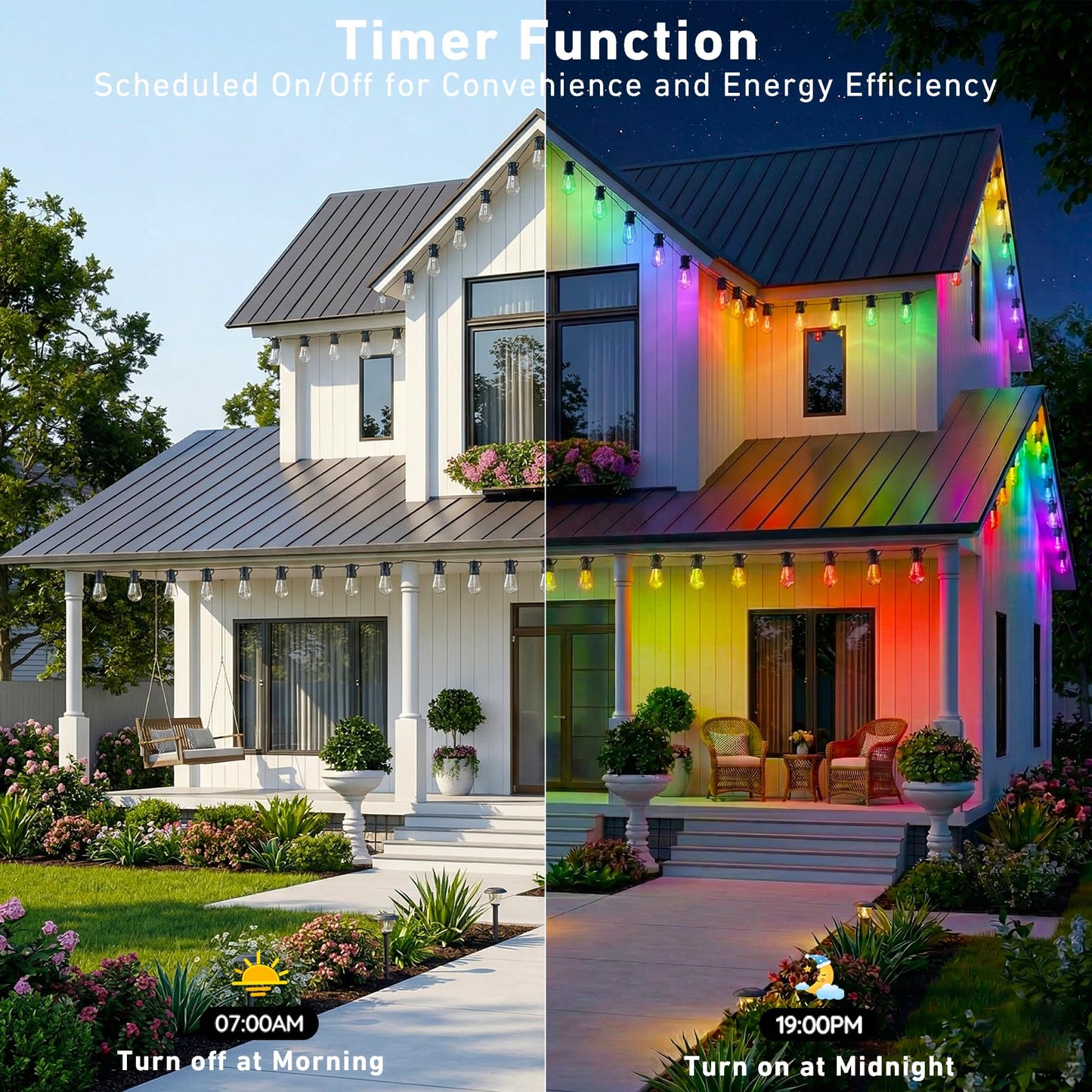 Outdoor String Lights,200FT Smart RGB+IC Patio Lights with Shatterproof LED Bulbs ,Outside Light Dimmable Patio for Decor DIY IP67 Waterproof ,Courtyard, garden,Holiday,LED lights more Scene Modes