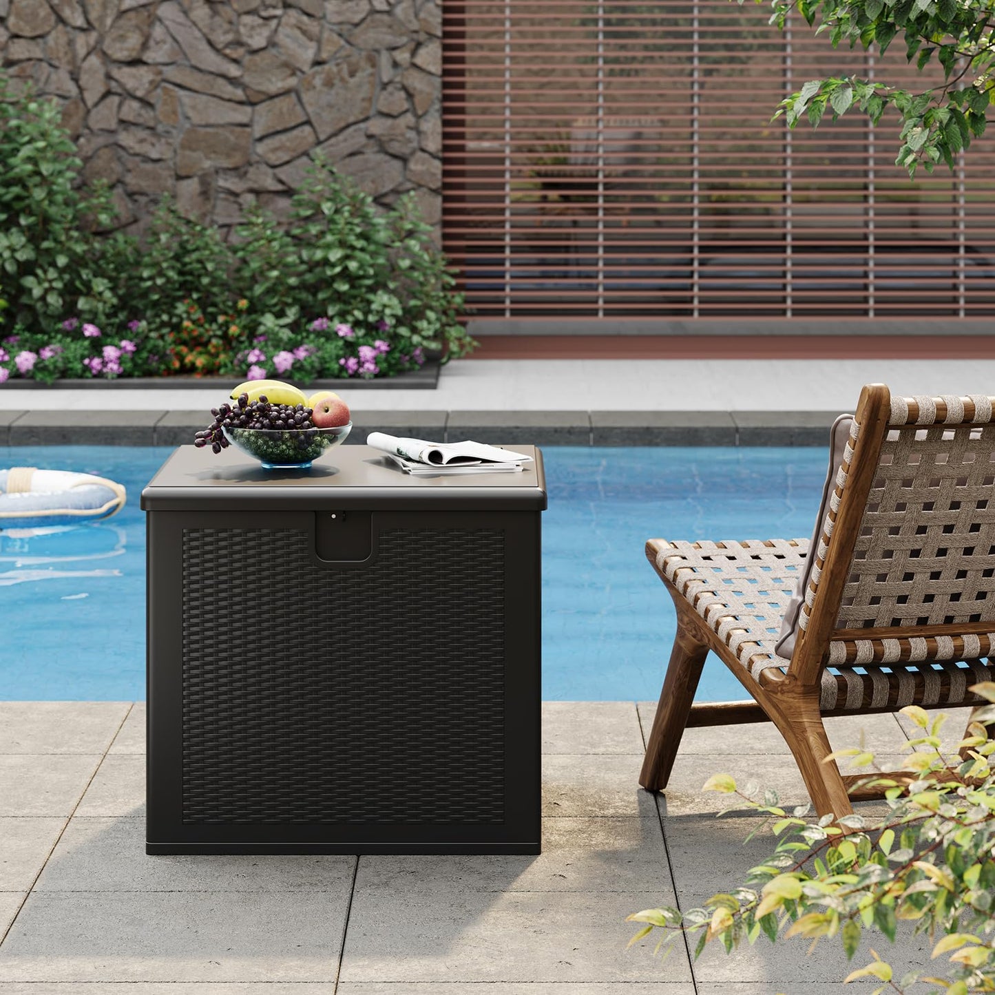 IDEALHOUSE 80 Gallon Resin Deck Box, Waterproof Outdoor Storage Box with Lockable Lid & UV Resistant, Patio Furniture Cushion Storage Container for Garden, Backyard, Poolside (Black)