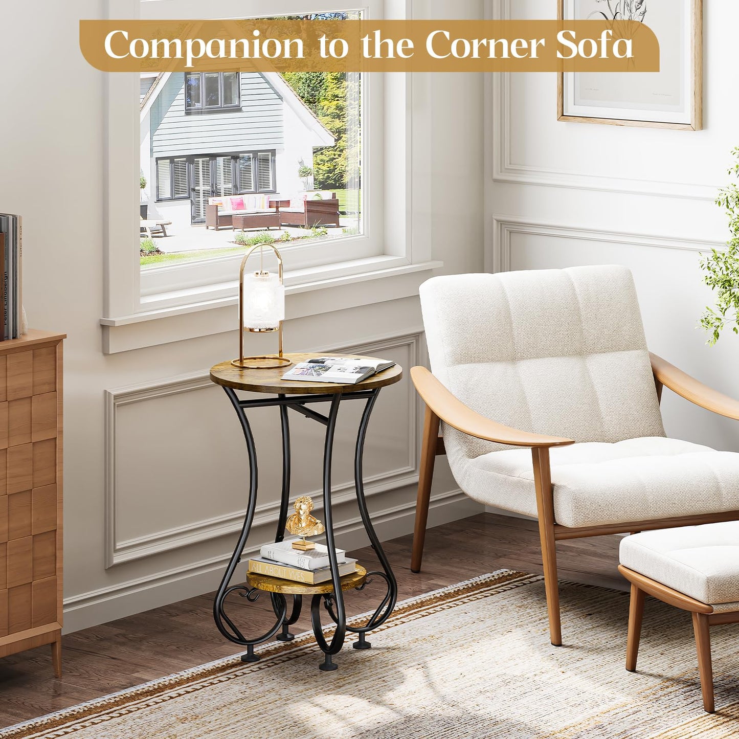 X-cosrack Small Round Side Table with Lower Shelf for Small Spaces, Compact End Table for Sofa, Bedside Nightstand, Coffee & Drink Table for Living Room, Bedroom, Balcony