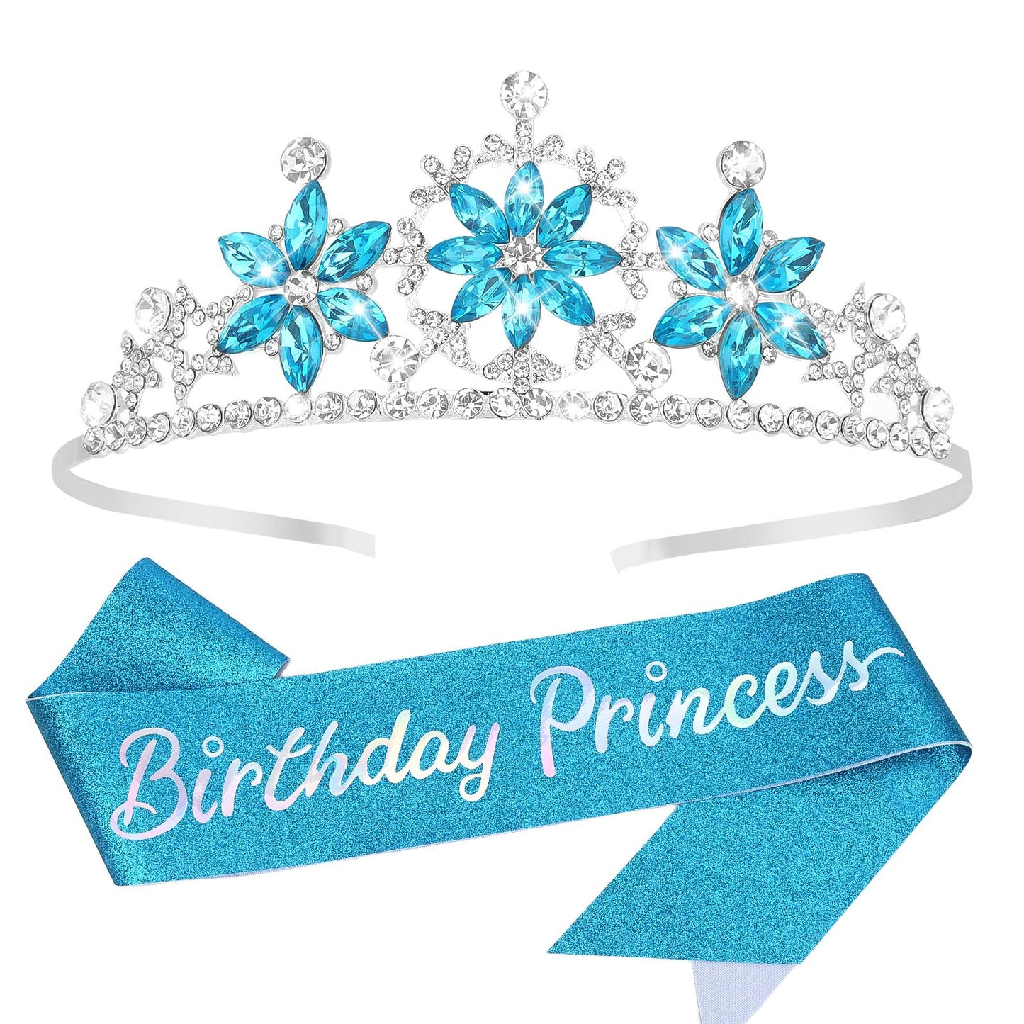YISSION Snowflake Tiara Headband & Birthday Sash Set - Sparkling Ice Theme Party Accessories - Celebration Crown & Glitter Sash for Festive