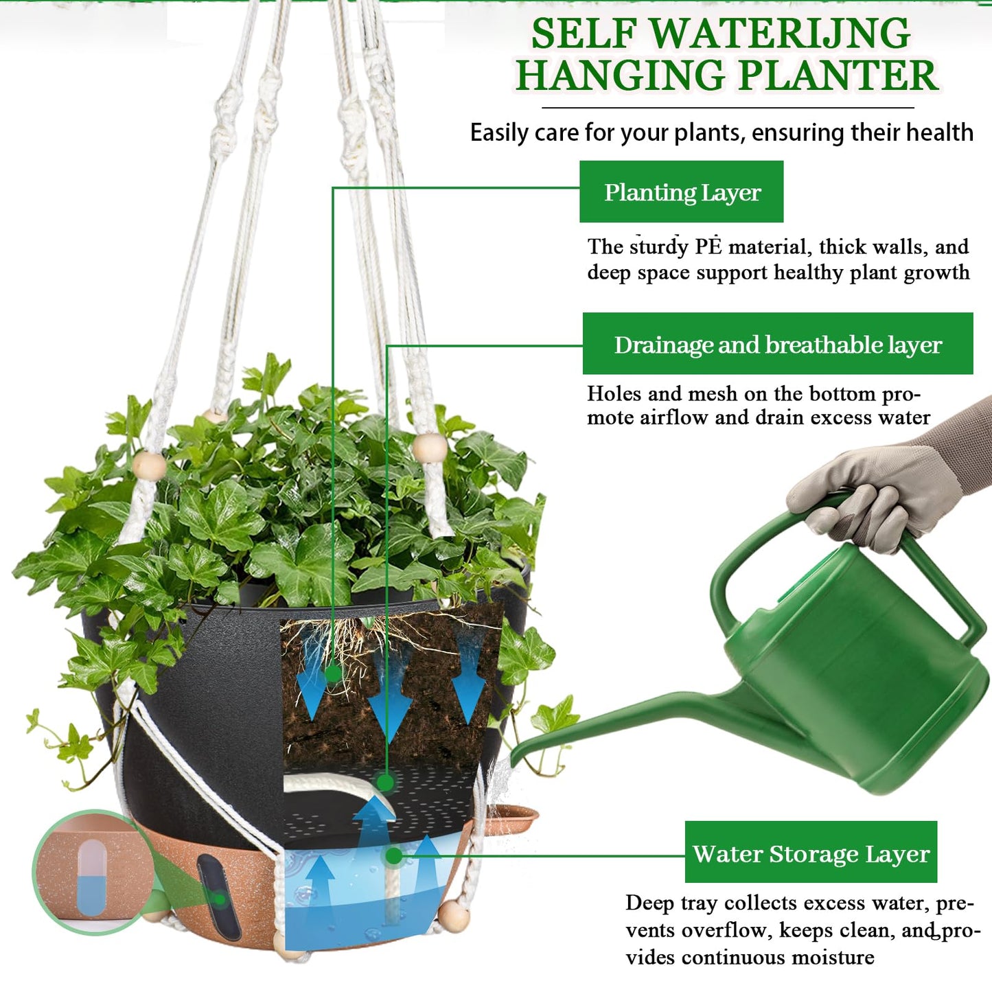 Fielda 10 Inch Hanging Planters for Indoor Plants, 2 Pack Self Watering Hanging Baskets Flower Pots with Drainage Hole, Visual Reservoir & 2 Kinds of Plant Hanger for Outdoor Garden Home Decor（Black）