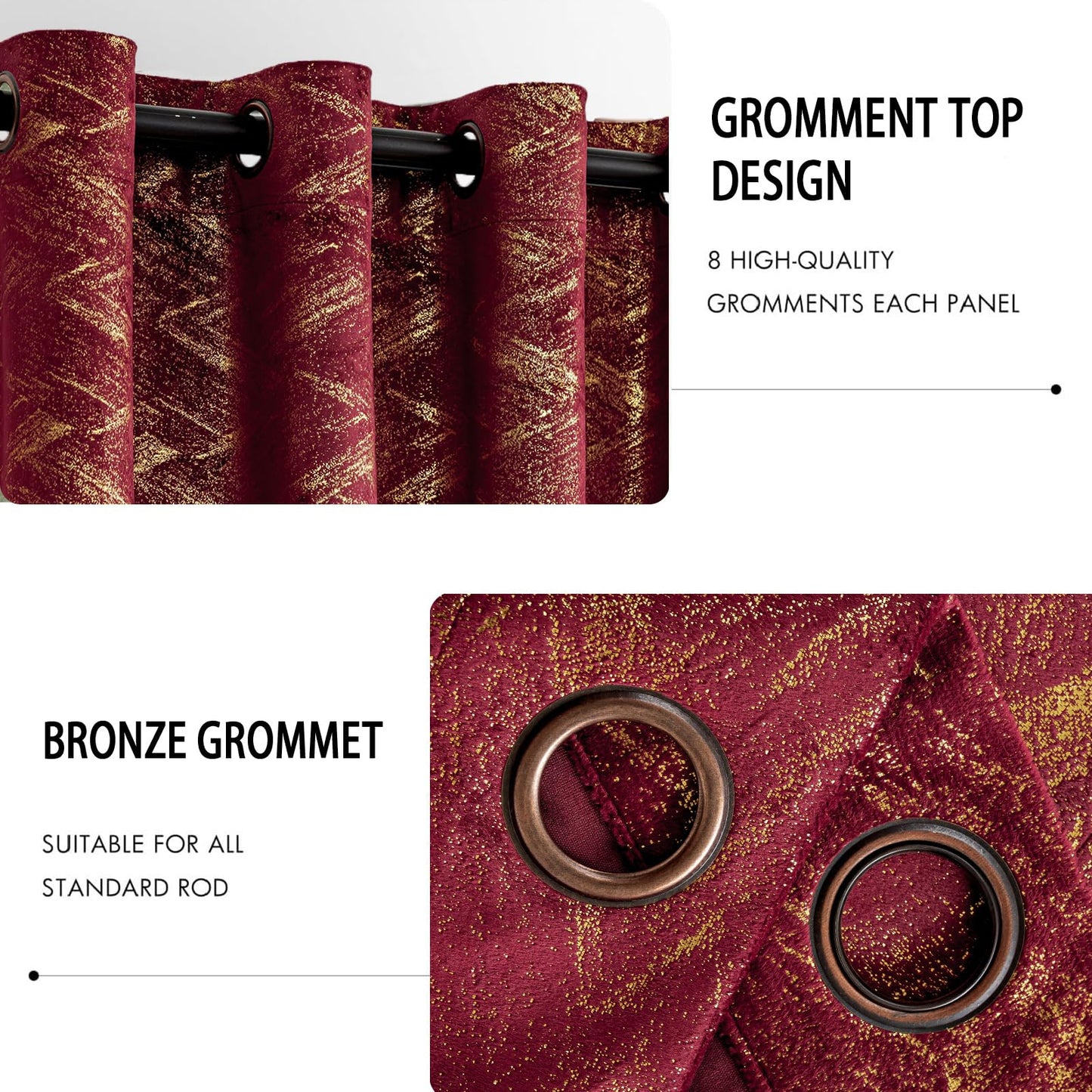 Luxury Burgundy Velvet Curtains for Living Room Bedroom Christmas Red and Gold Blackout Curtains 84 Inches 2 Panels Modern Gold Foil Print Noise Reducing Drapes Grommet Window Treatments, Burgundy