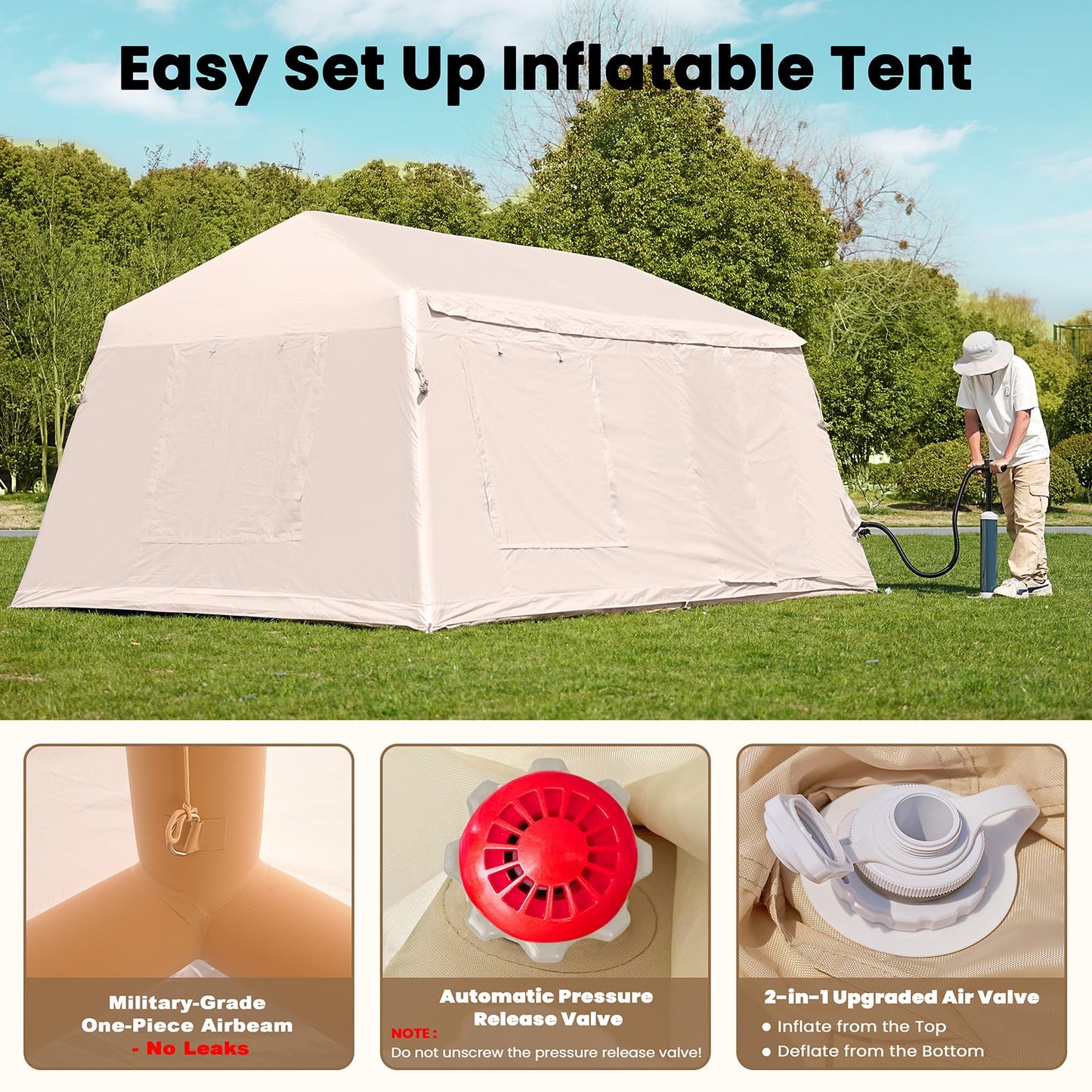 8-10 Person Large Inflatable Camping Tents with Canopy, Blow Up Tent House 2 Rooms, 4 Season Hot Tent with Stove Jack & AC Ports, Glamping Camping Tents for Outdoors, Easy Setup with Air Pump