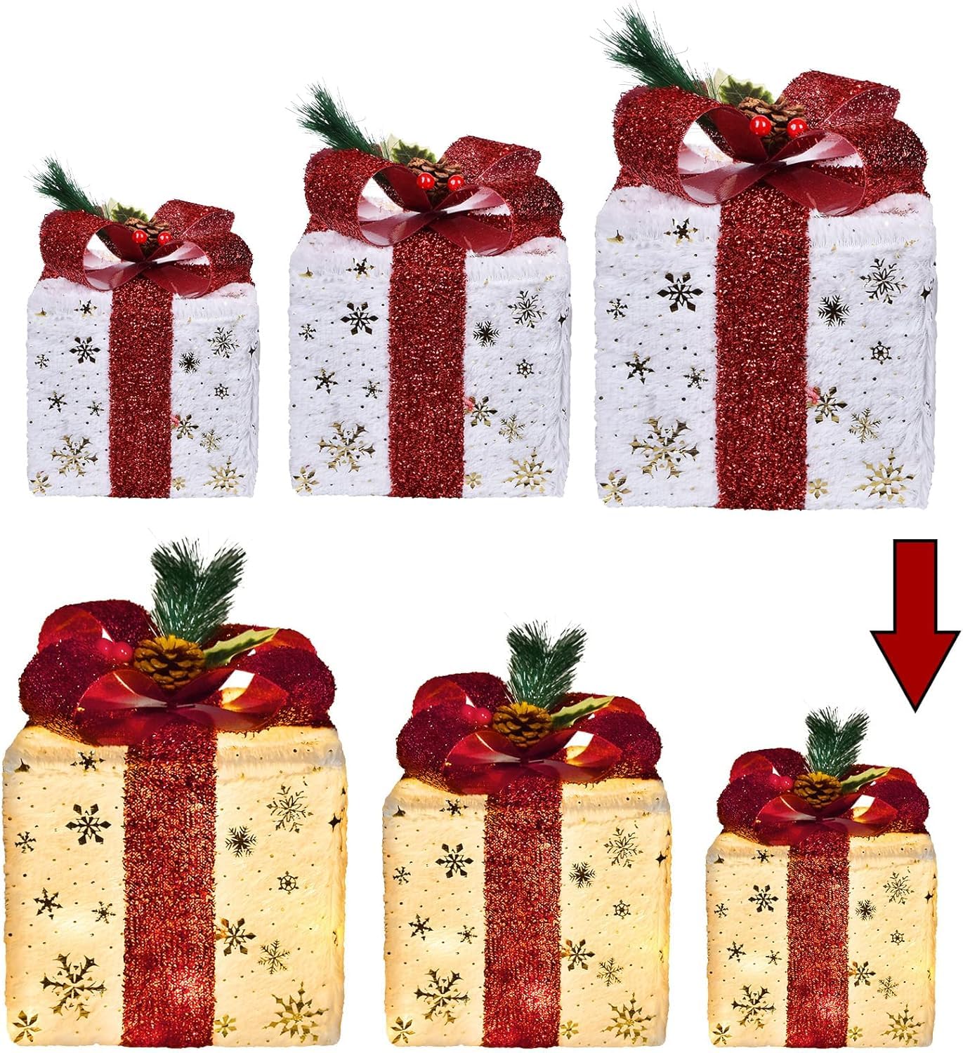 Set of 3 Christmas Lighted Gift Boxes, Pre-lit 60LED Light Up Present Boxes Ornament Outdoor, Boxes with Gold Snowflake, Battery Operated Christmas Decorations for Indoor Home, Party, Lawn Decor