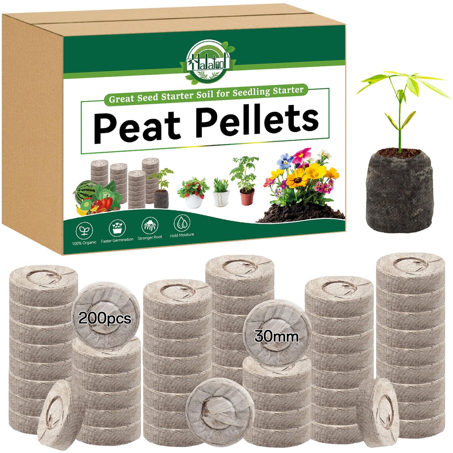 Halatool 200 Pcs 30mm Peat Pellets Block Potting Soil for Seedlings, Compressed Garden Soil Seed Starter Nutrient Peat Pods for Starting Seeds, Planting Flowers, Vegetables, Herbs