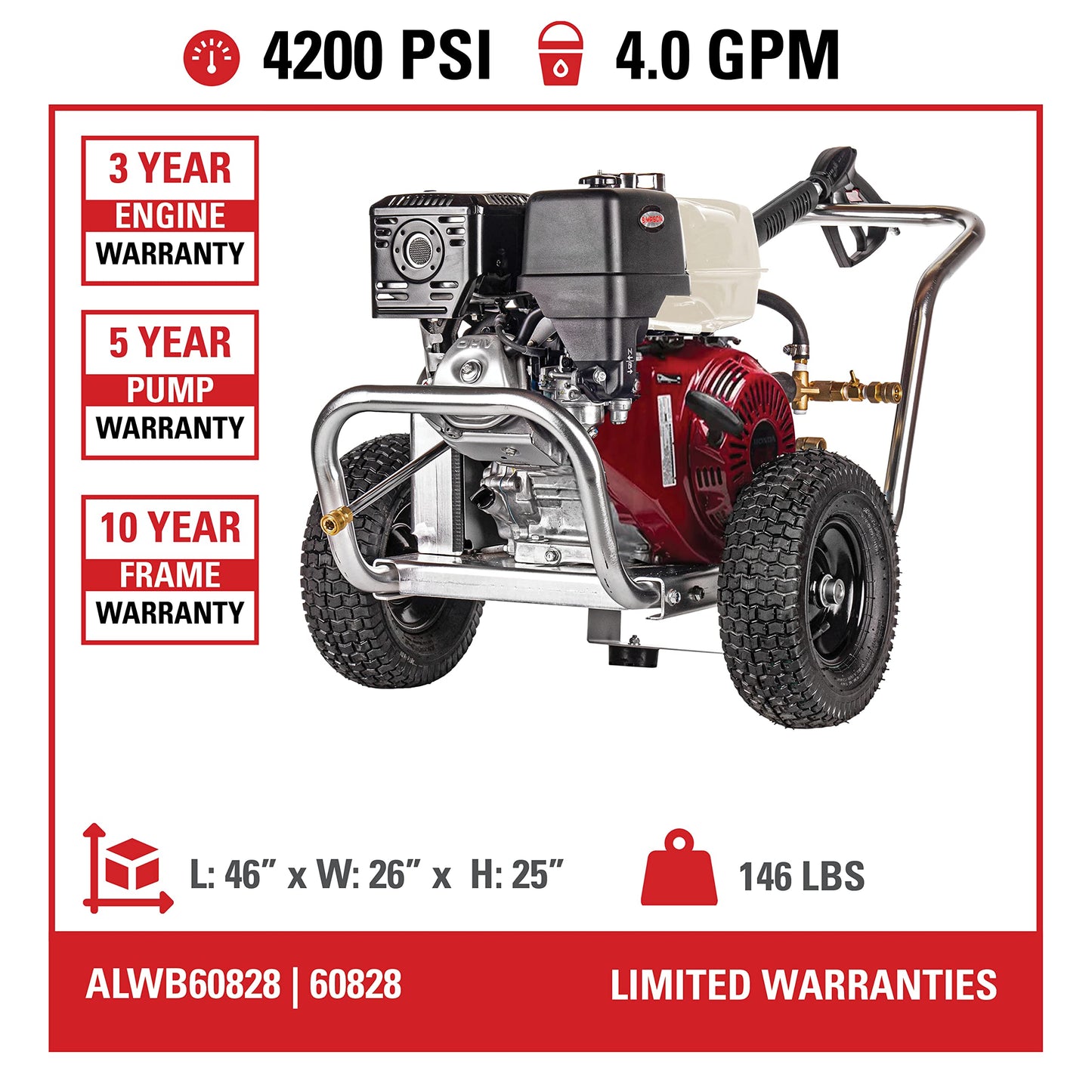 Simpson 4200 PSI Gas Pressure Washer, 4.0 GPM Commercial Power Washer, Honda Engine, 50' Hose, Aluminum Water Blaster Series, 49-State Compliant (ALWB60828)