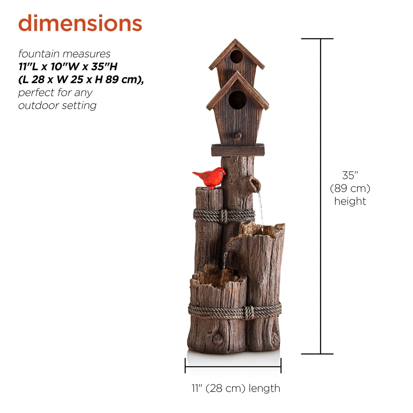 Alpine Corporation 35" Tall Outdoor 3-Tier Birdhouse Water Fountain with Cardinal Accent, Rustic Floor Decor for Garden and Patio, Brown