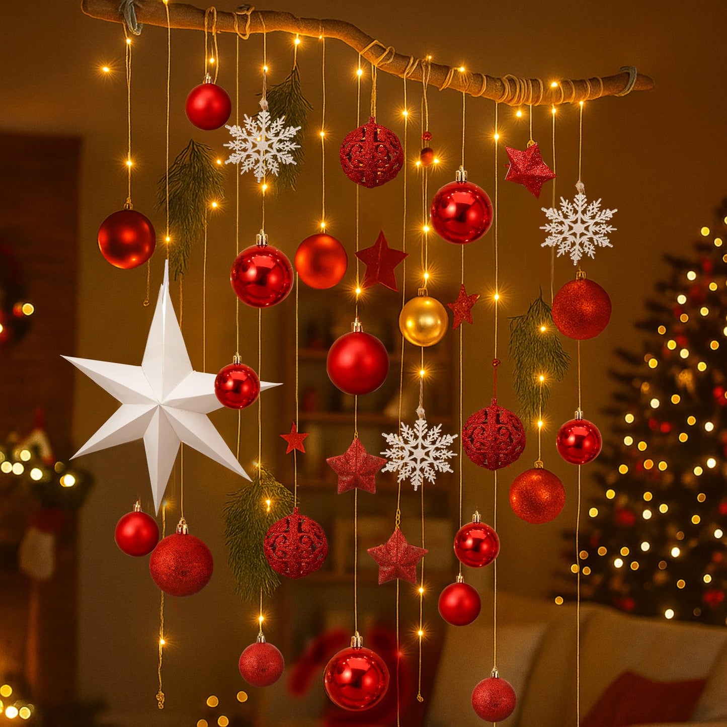Halloscume Christmas Wall Hanging Decor with Light Wooden Branch Christmas Door Hanging Decorations Xmas Wall Art with Artificial Plants Red Ornament for Winter Holiday Kitchen Dining Room Decor