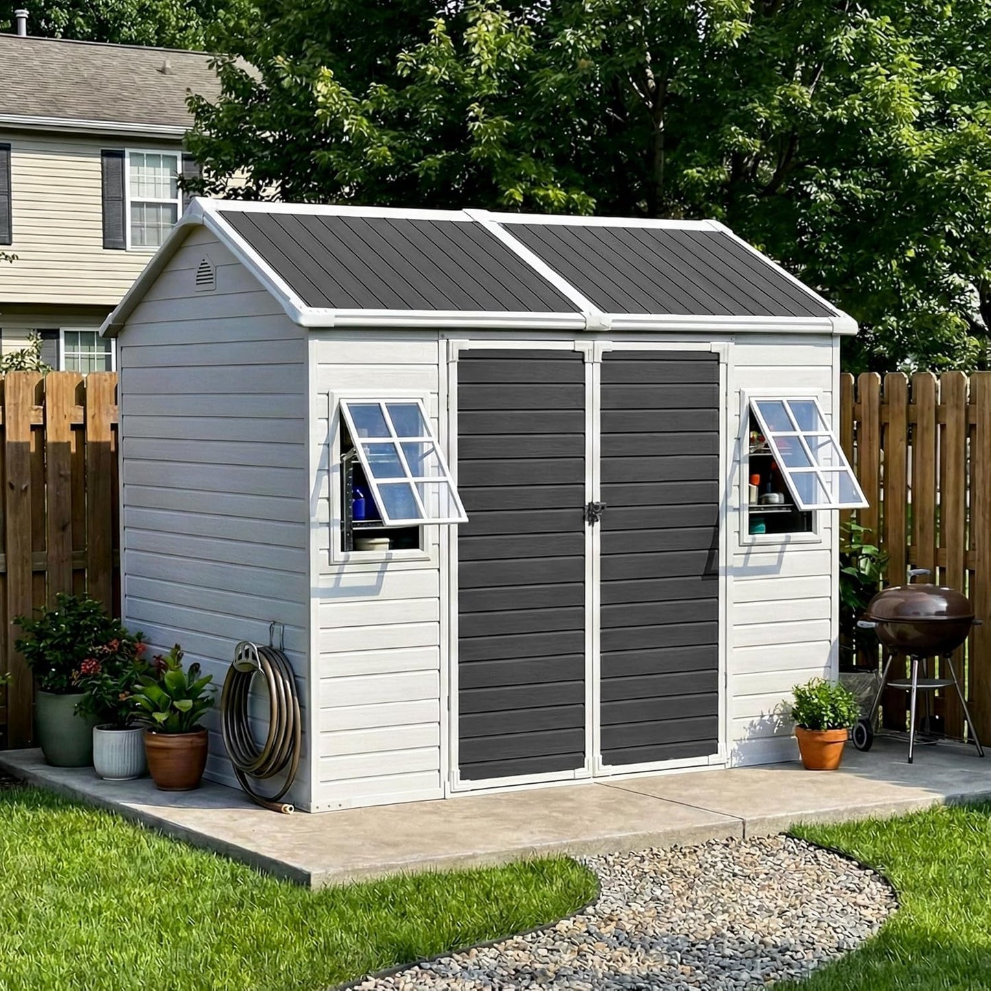 Restland 8x6 FT Resin Storage Shed with Floor & Adjustable Windows Large Outdoor Shed Waterproof Plastic Garden Sheds for Patio, Backyard, Lawn
