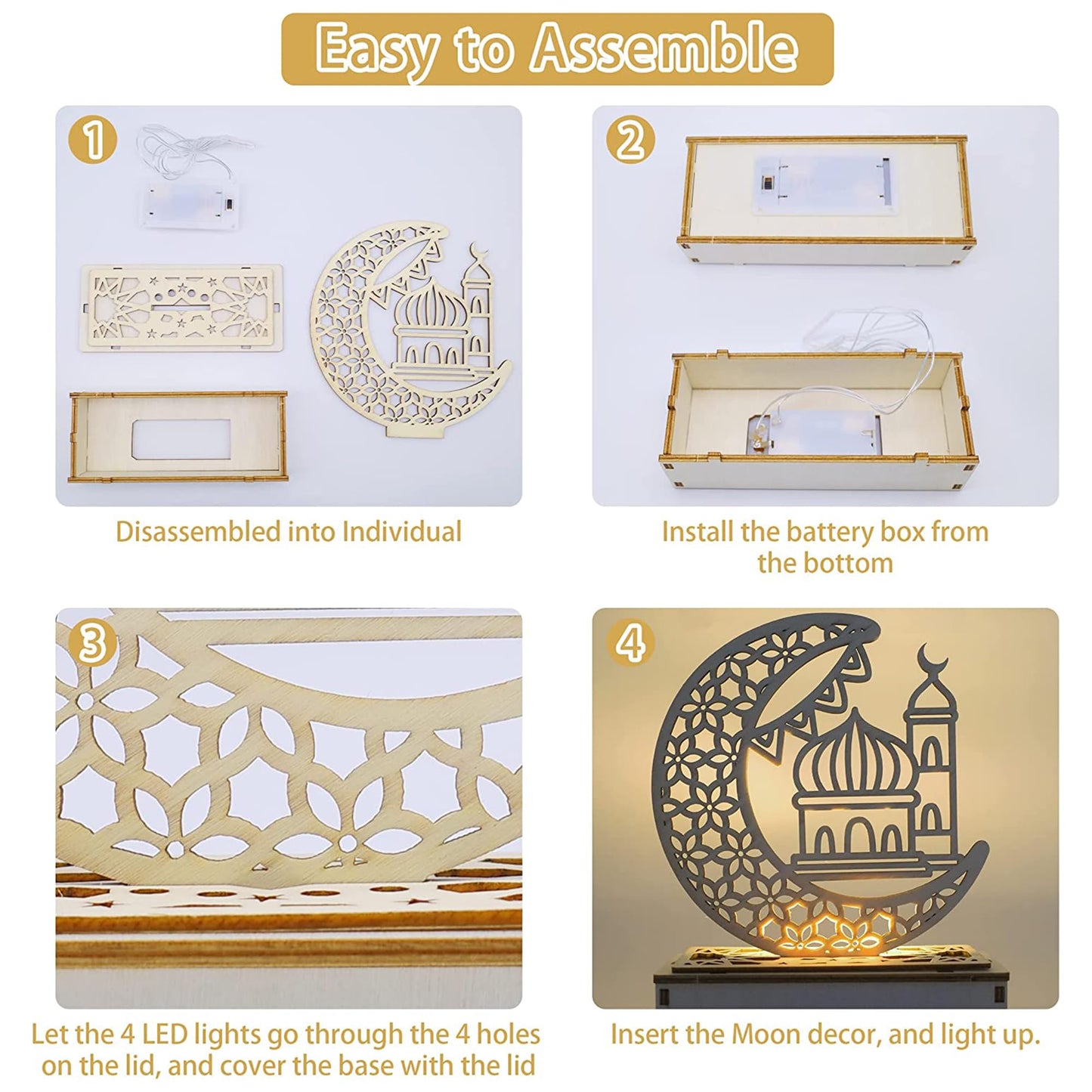 23GUANYI Ramadan Decorations for Home, Ramadan Lights, Eid Mubarak Decorations, 3D Wooden Eids Decoration Lights Home Party Bedroom for Muslims, Eid al-Fitr al-Adha Islamic Table Decor