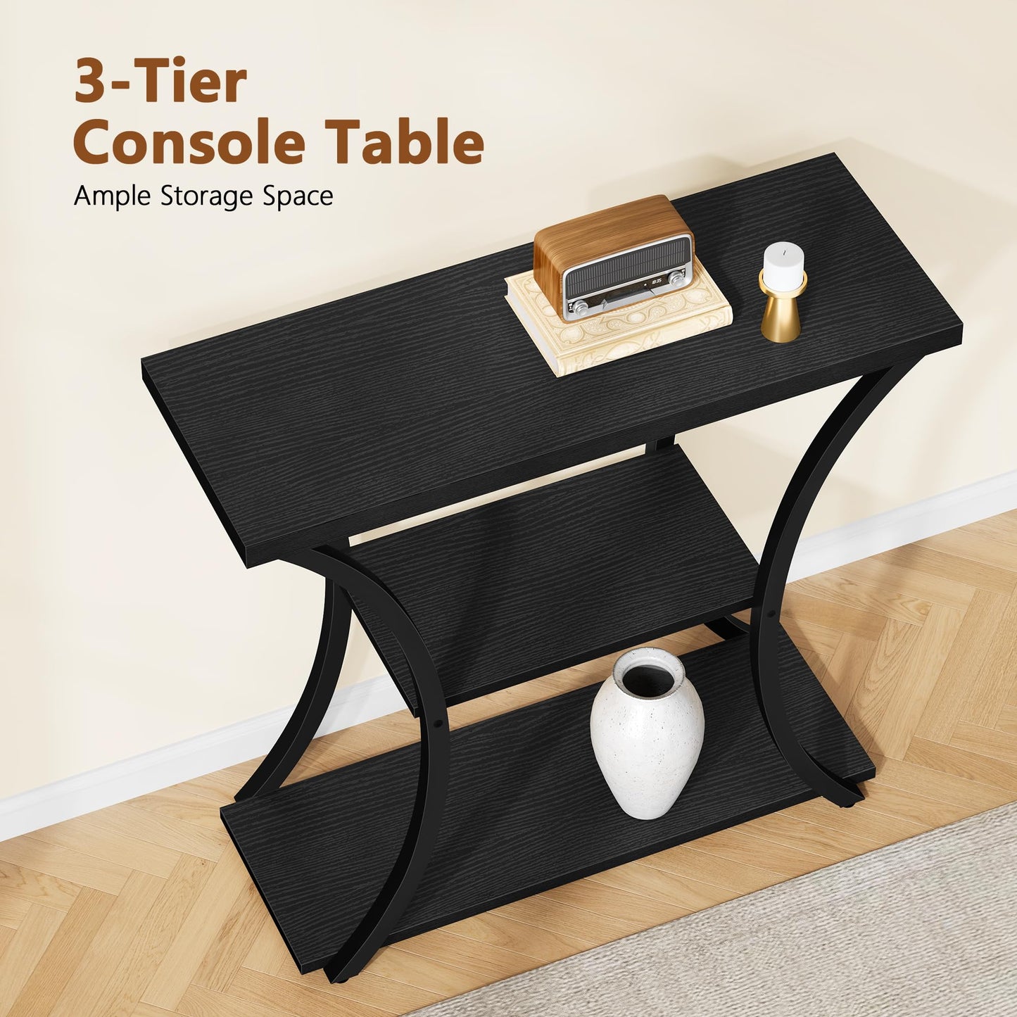 Hoctieon 3 Tier Console Table with Open Wood Shelves, Decorative Entryway Table with Curved Metal Frames, Narrow Sofa Table for Entrance, Living Room, Hallway, Black