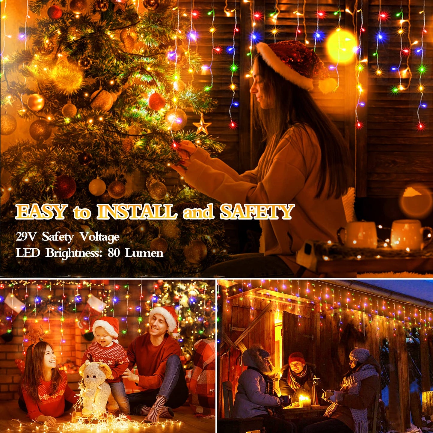 FLVOECN 98FT 960 LED Christmas Lights, Waterproof 8 Modes Ice Lights for Outside with Memory and Timer Hanging Fairy Lights Plug-in Curtain String Lights for Holiday Party Wedding Home (Multicolor)