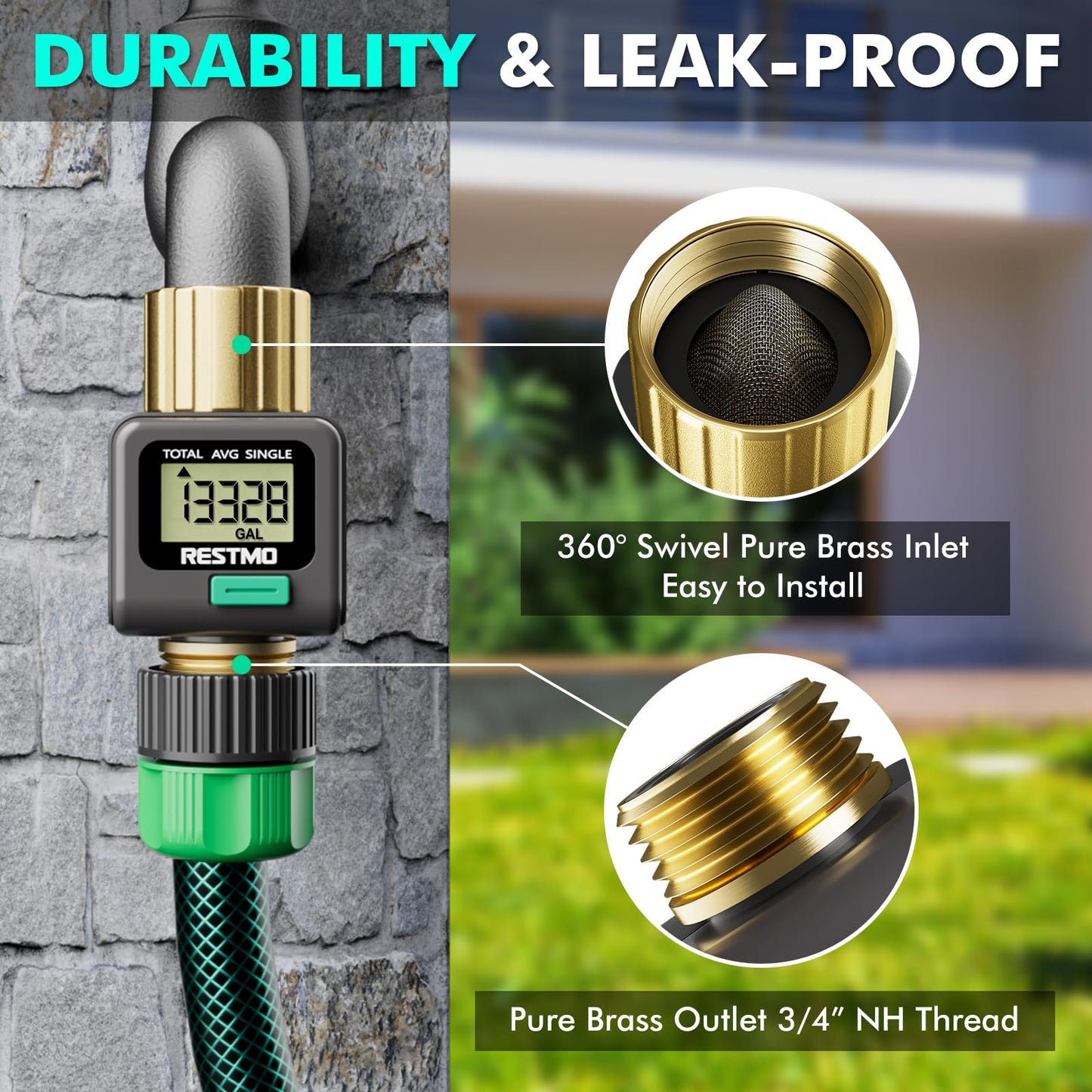 RESTMO Water Flow Meter with Brass Inlet & Outlet, Measure Gallon/Liter Consumption and Flow Rate for Outdoor Garden Hose Watering, RV Water Tank Filling, Lawn Sprinkler and Nozzle Sprayer