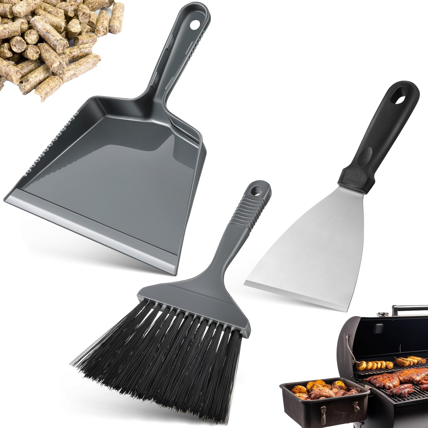 Gulfmew 3 Piece Pellet Grill Ash Cleaning Kit, Includes Large Dust Pan, Soft Bristle Brush and Metal Scraper for Easy Removal of Ash, Debris and Grime