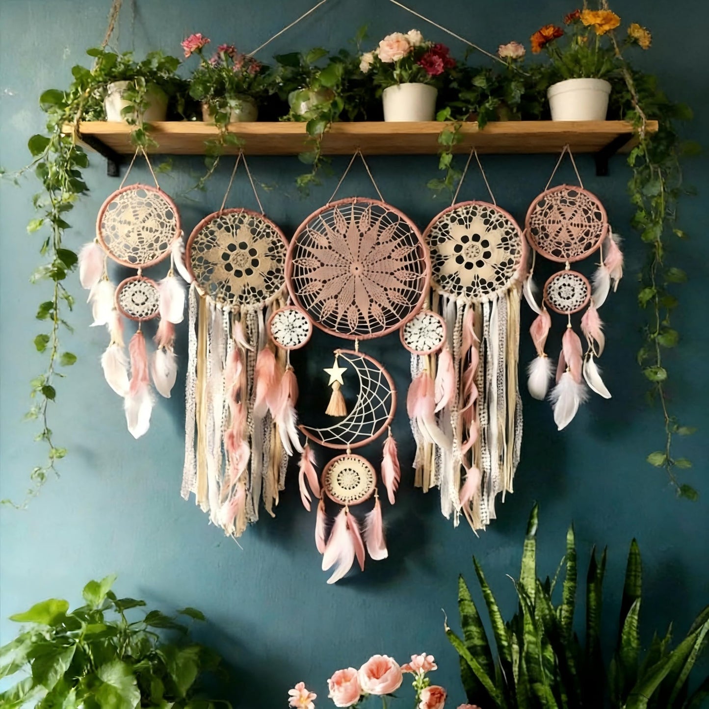 Dream Catcher Wall Decor,Large Boho Dream Catcher with Luxurious Feathers & Beads, Handmade Wall Hanging for Bedroom,Living Room, Gift Ready for Girls & Adults (Pink)
