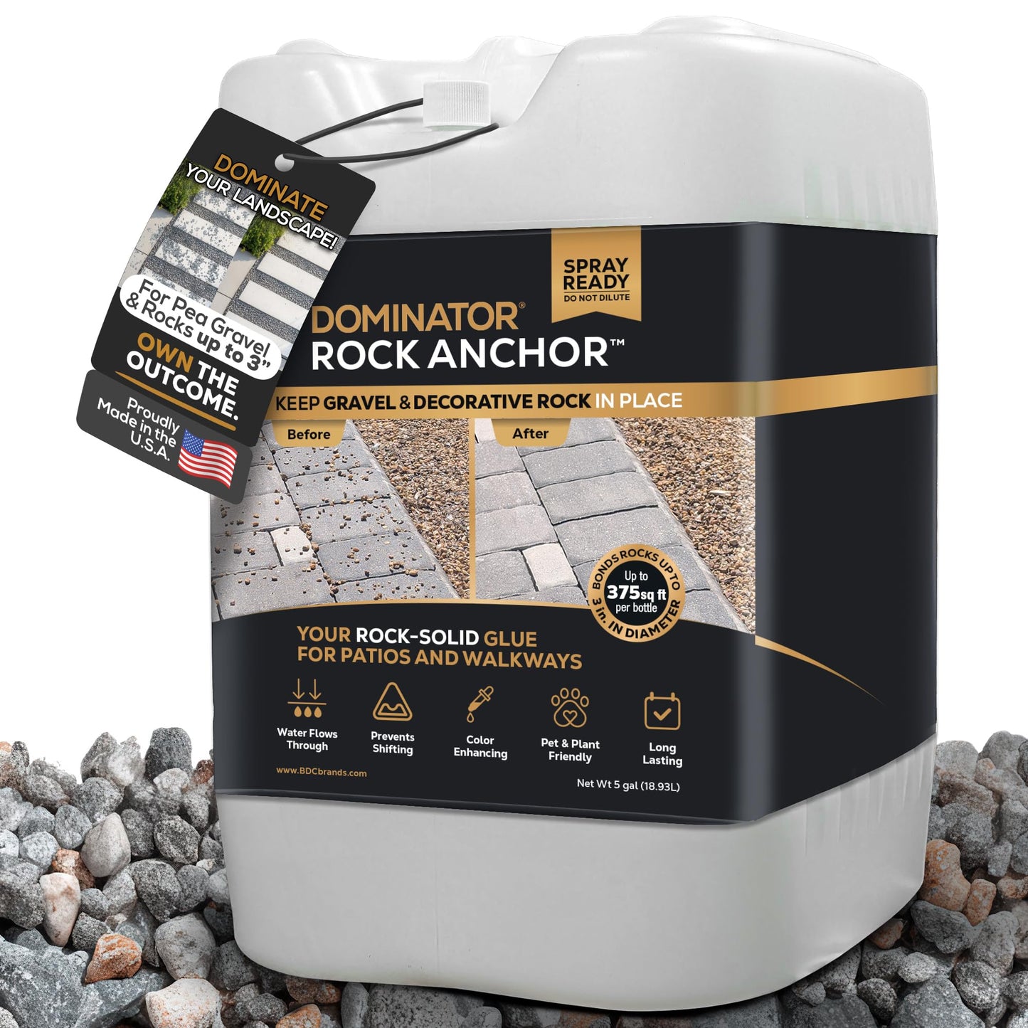 DOMINATOR Rock Anchor 5 Gal - Rock Glue for Landscaping Gravel & Stone, Ready to Spray, Locks in River Rock, Pea Gravel & Decorative Rock, Prevents Scattering & Washouts, Water-Based