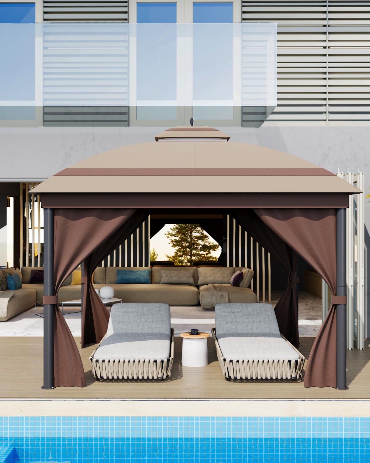 DEXSO Outdoor Gazebo 10´x 12´, with Roof Reinforcing Bars, Curtains Nettings, and Double Roof, Parties Gazebo for Backyard, Garden, Patio, Poolside, and Deck