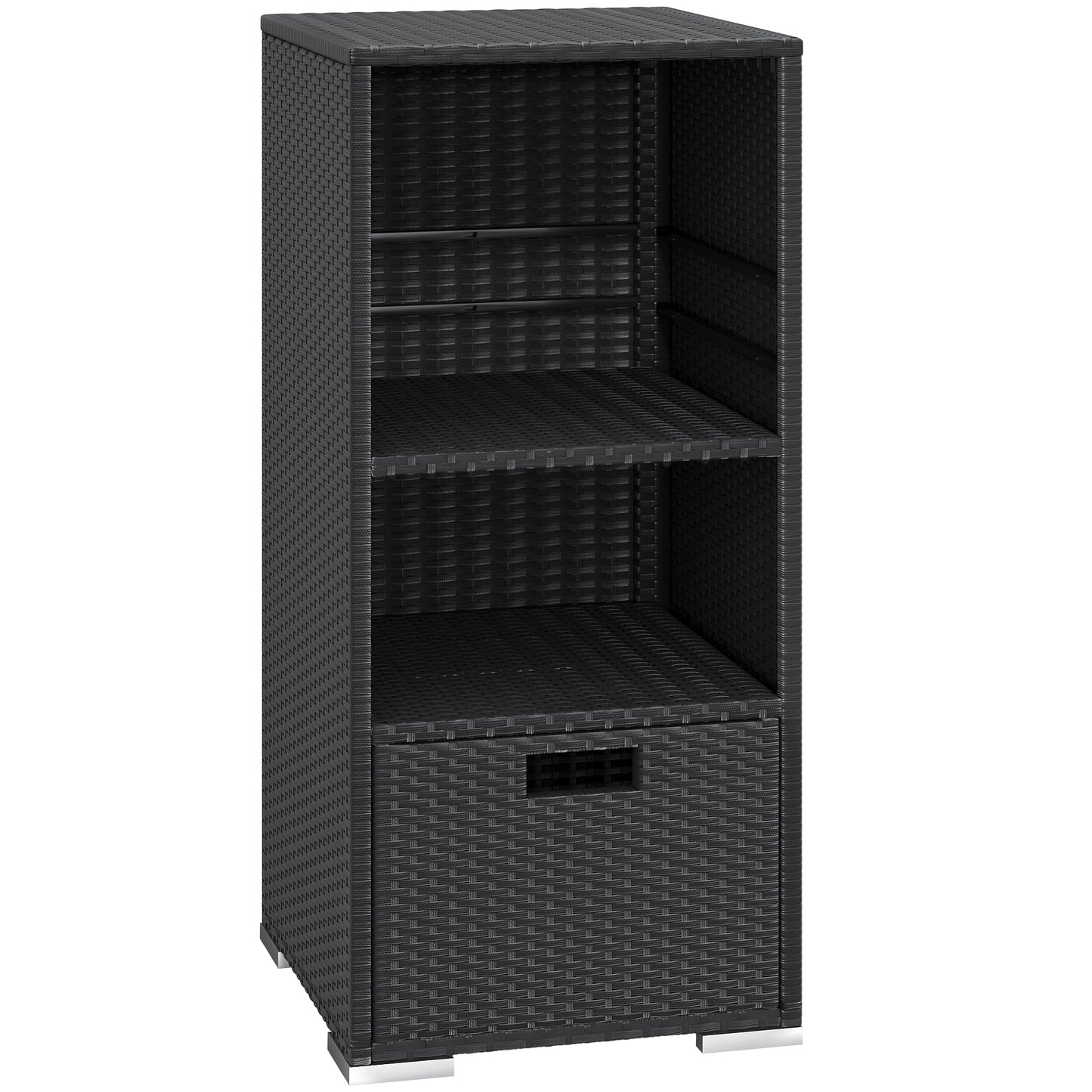 Greesum Rattan Storage Shed, Outdoor Towel Rack with 2 Storage Shelves & 1 Bottom Drawer, Suitable for Pool Patio Garden Deck, Black