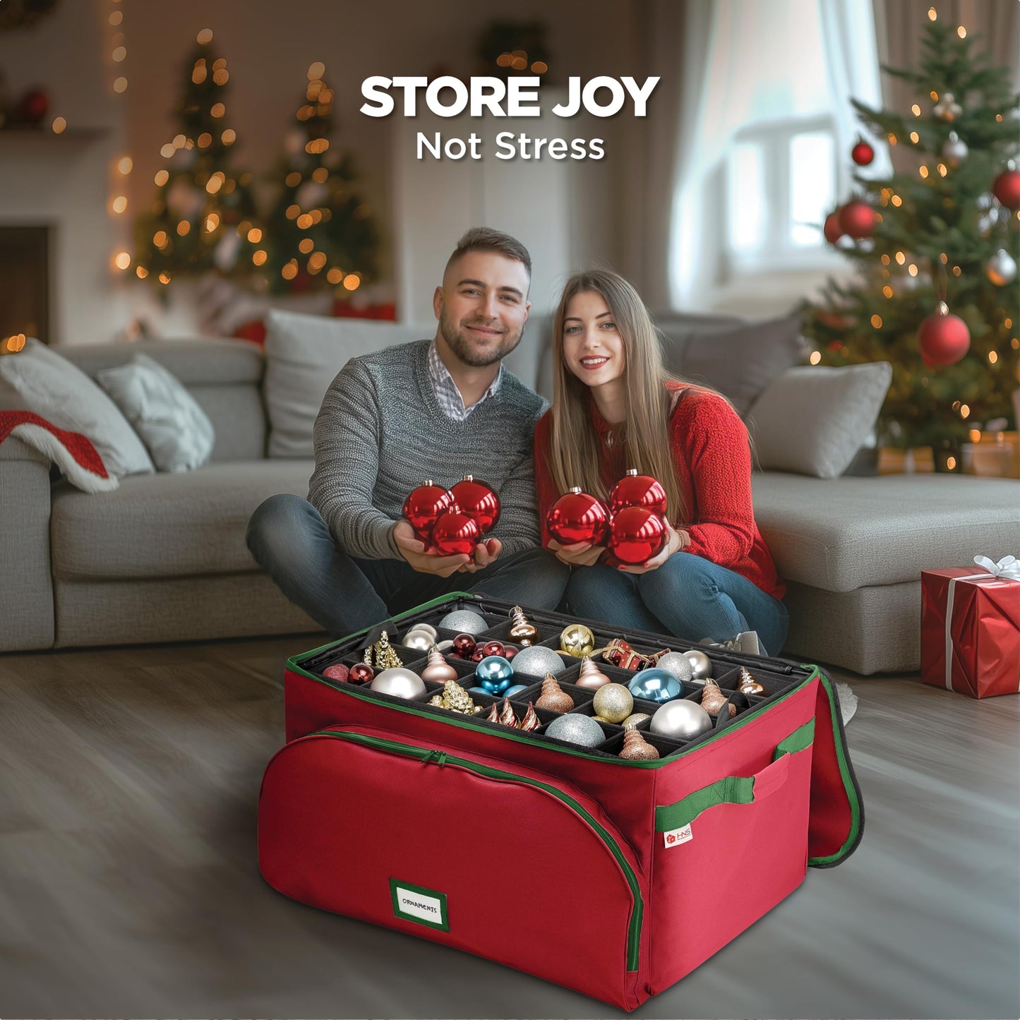 HOLDN’ STORAGE Premium Christmas Ornament Storage Container - Holds Up to 72-4” Ornaments Durable 600D Fabric - Adjustable Dividers - 3 Individual Trays - Metal Frame - Red