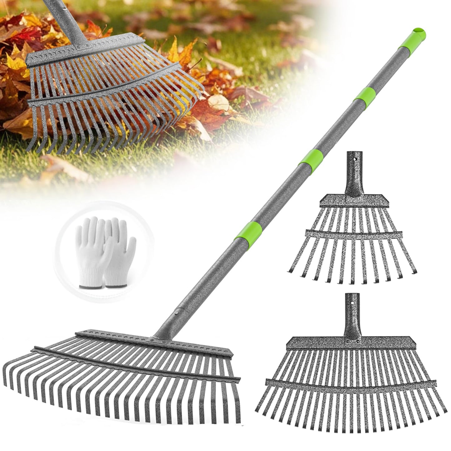 GARDENWORK Leaf Rake for Leaves,36-73" Long Garden Rake,25 &11 Tines Heavy Duty Leaf Rake for Lawns,Adjustable Stainless Steel Handle,Yards, Grass, Garbage, Weeds, Debris