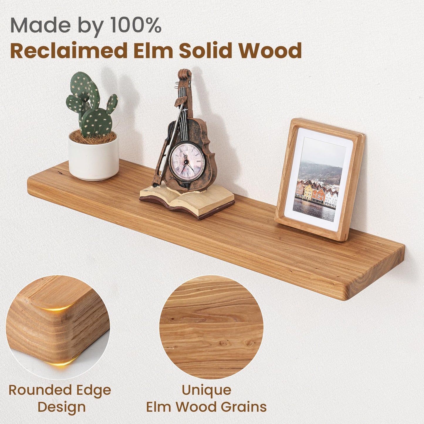 Floating Shelves for Wall, 30"Wx8"D Rustic Solid Elm Wood Floating Shelves Wall Mounted, Round Edge Wall Shelves with Invisible Bracket for Living Room Bathroom Bedroom Kitchen, Set of 2, Natural