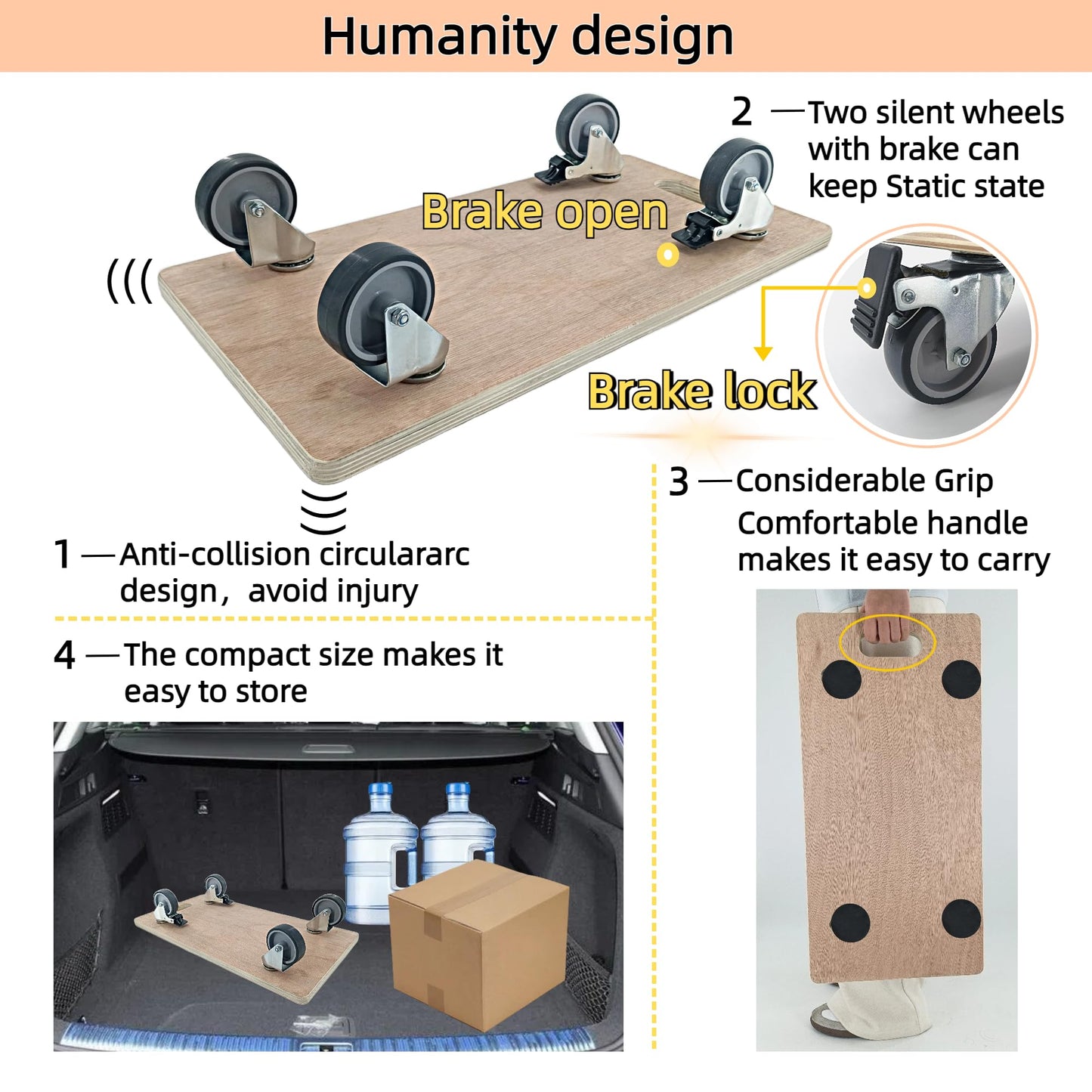 HBFBDRCT Furniture Dolly 4 Wheels, Furniture Movers, 2 Packs 2200 lb Load Capacity Heavy Duty Real Wood Dolly, Multifunctional Moving cart with 4 Soft Rubber Silent Wheels （2 with Brake+ 2 Without）