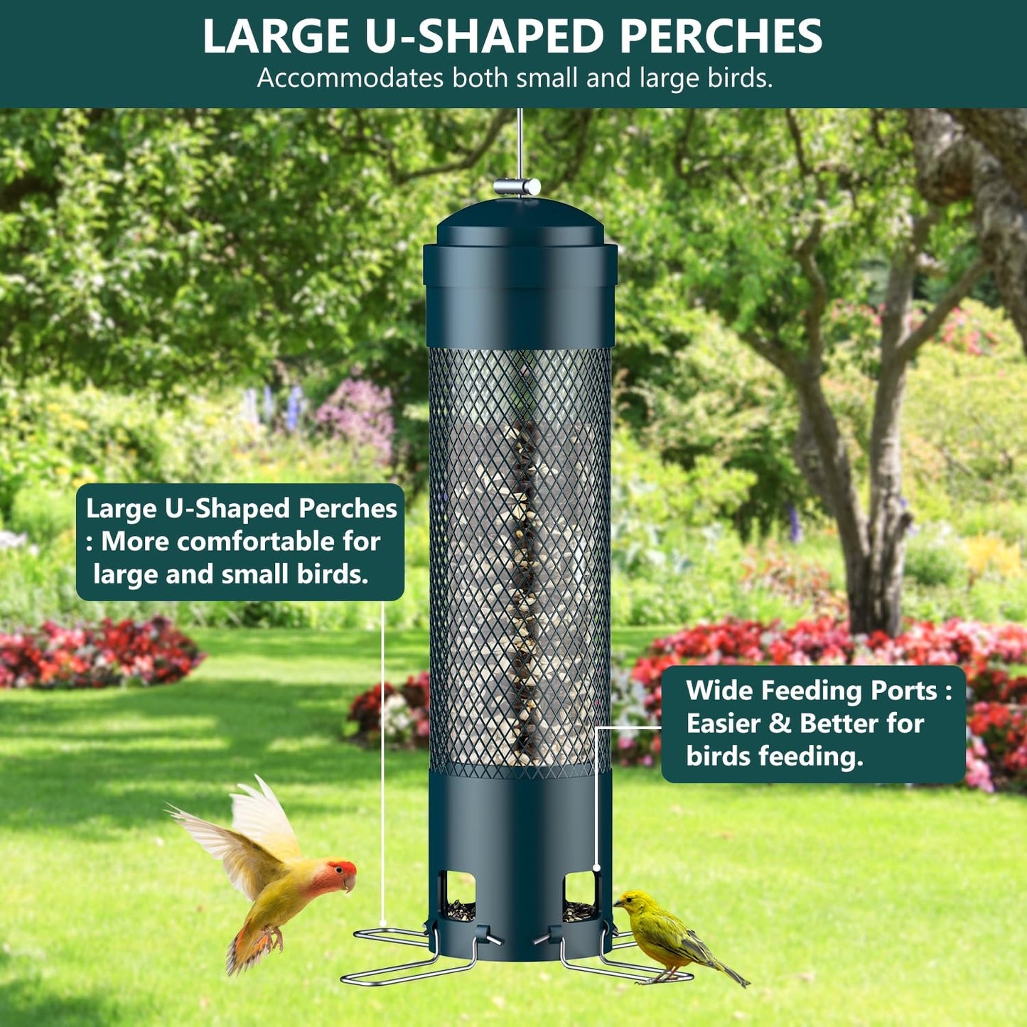 LCSEVEN Bird Feeders for Outdoors Squirrel Proof with Weight-Activated Perches, Hanging Bird Feeder for Outside, Metal Feeder for Wild Cardinal, Finch, Blue Jay, Chickadee, 3LB Seed Capacity, Green