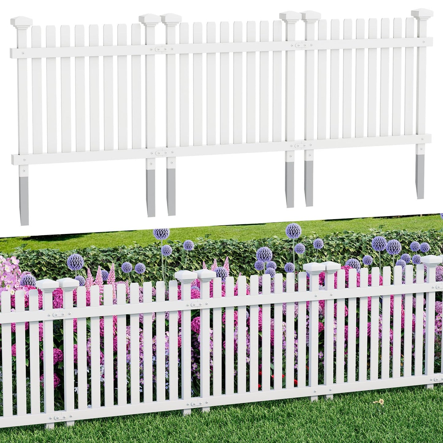 MELLCOM No Dig Garden Picket Fence, 3-Panel 24''W x 24''H Decorative Privacy Fence with Metal Stakes, Garden Fence Border for Backyard, Patio & Yard, White