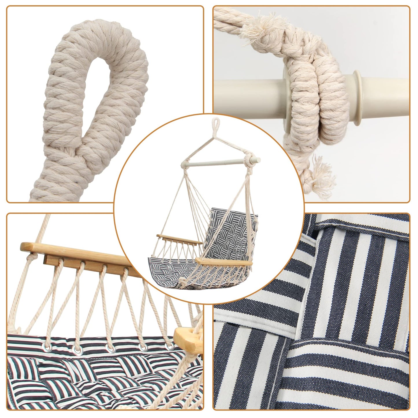 [Upgraded] Hammock Chair Hanging Swing with Wooden Armrests;Steel Spreader Bar and Anti-Slip Rings;Cotton Woven Fabric;Up to 300 Lbs for Bedroom,Patio,Porch,Deck-Indoor Midnight Blue Stripe