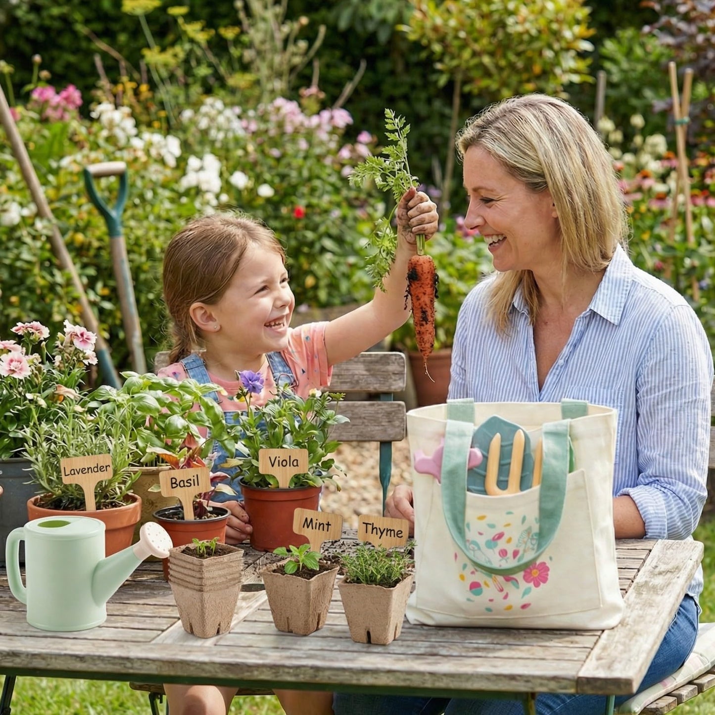 Kids Gardening Set Toys, Garden Tool for Kid with Tote Bag, Repotting Mat, Trowel, Shovel, Fork, Rake, Watering Can and Gloves, Montessori Toy for Kids, Outdoor Toys Gift for Toddlers Boys Girls