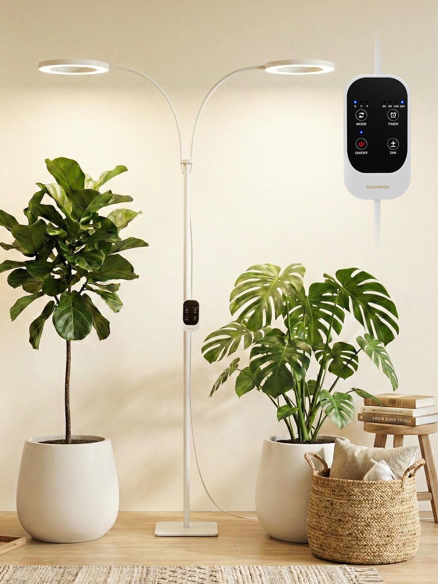 GLOWRIUM 48W LED Dual-Head Grow Light for Indoor Plants, 23.5-71" Adjustable Height, 3-Growing Full Spectrum for Tall Plant Light, 3/9/12/16H Timer, 6-Level Dimming, Ideal for Large Tall Plants