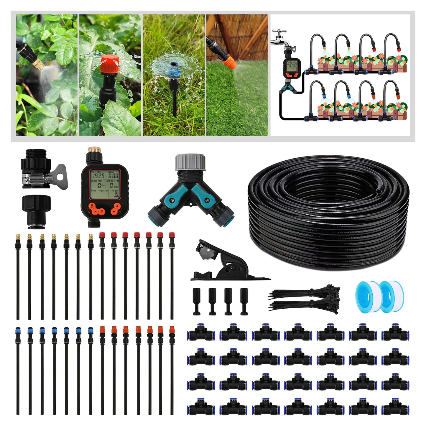 Kekangerly 100FT Drip Irrigation Kit - 28 Adjustable 360° Nozzles & T-Connectors for Garden, Lawn & Plant Watering System