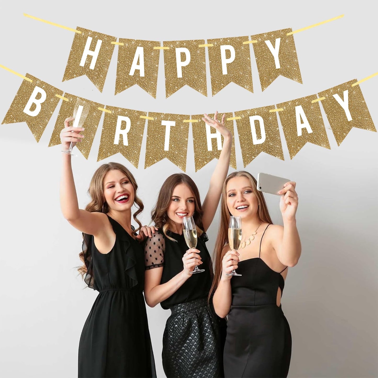 Netnology Pre-Strung Gold Happy Birthday Banner Decorations,12 ft No DIY Gold Glitter Birthday Party Banner Sign Decor for Women Men Girl Boy Party Supplies