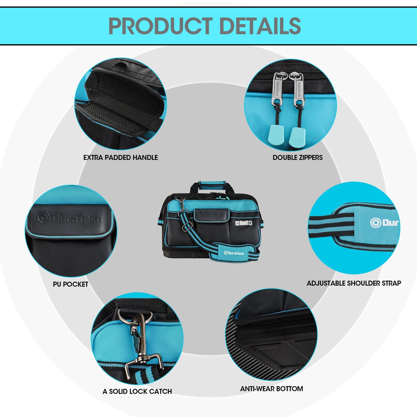 DURATECH 17" Wide Mouth Tool Bag, Large Storage 32 Pocket Tool Bag Organizer with Water Proof Molded Base, Adjustable Strap, Clip Design, 840D Oxford Fabric
