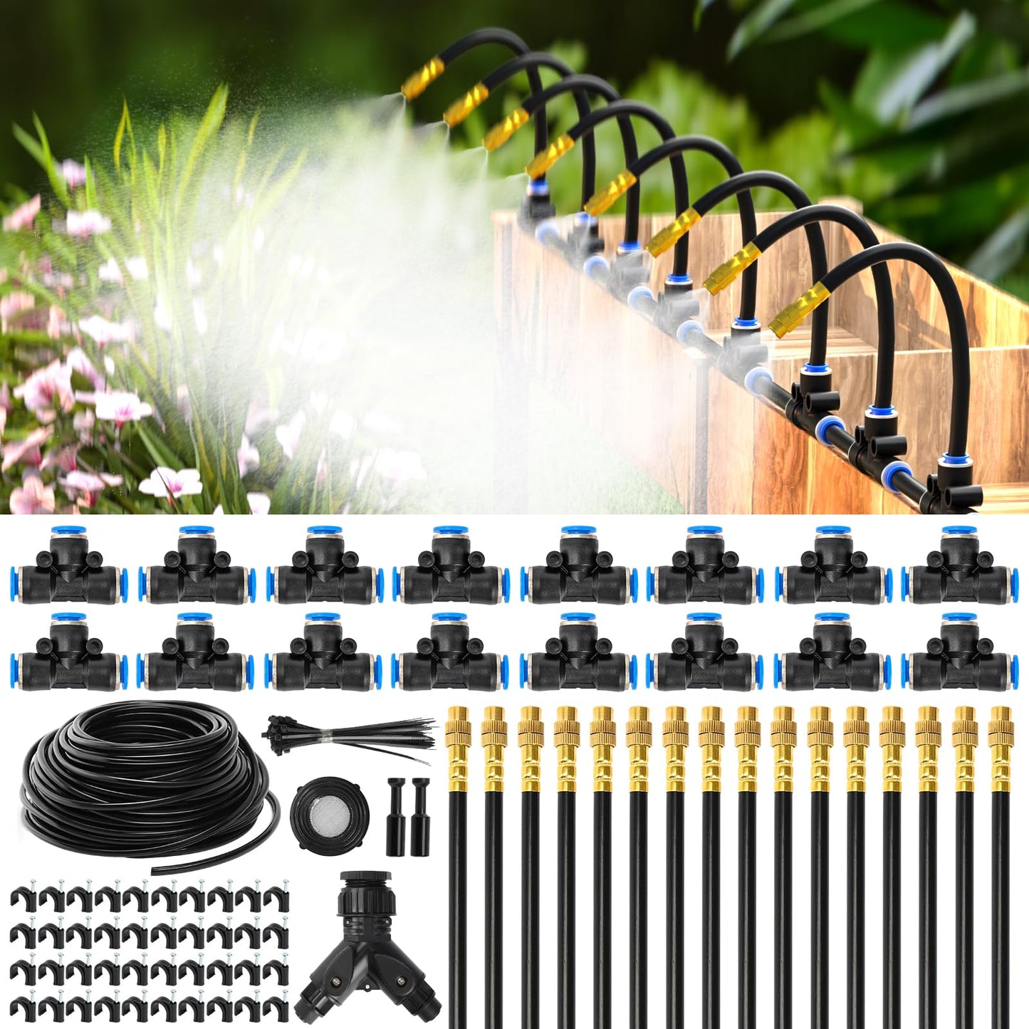 MIXC 100Ft 1/4" Drip Irrigation System,2026-Upgrade Garden Irrigation Kit with 16pcs Adjustable Copper Nozzles,Atomizing Watering System for Outdoor Plants,Raised Bed,Yard,Potted Plant,Lawn